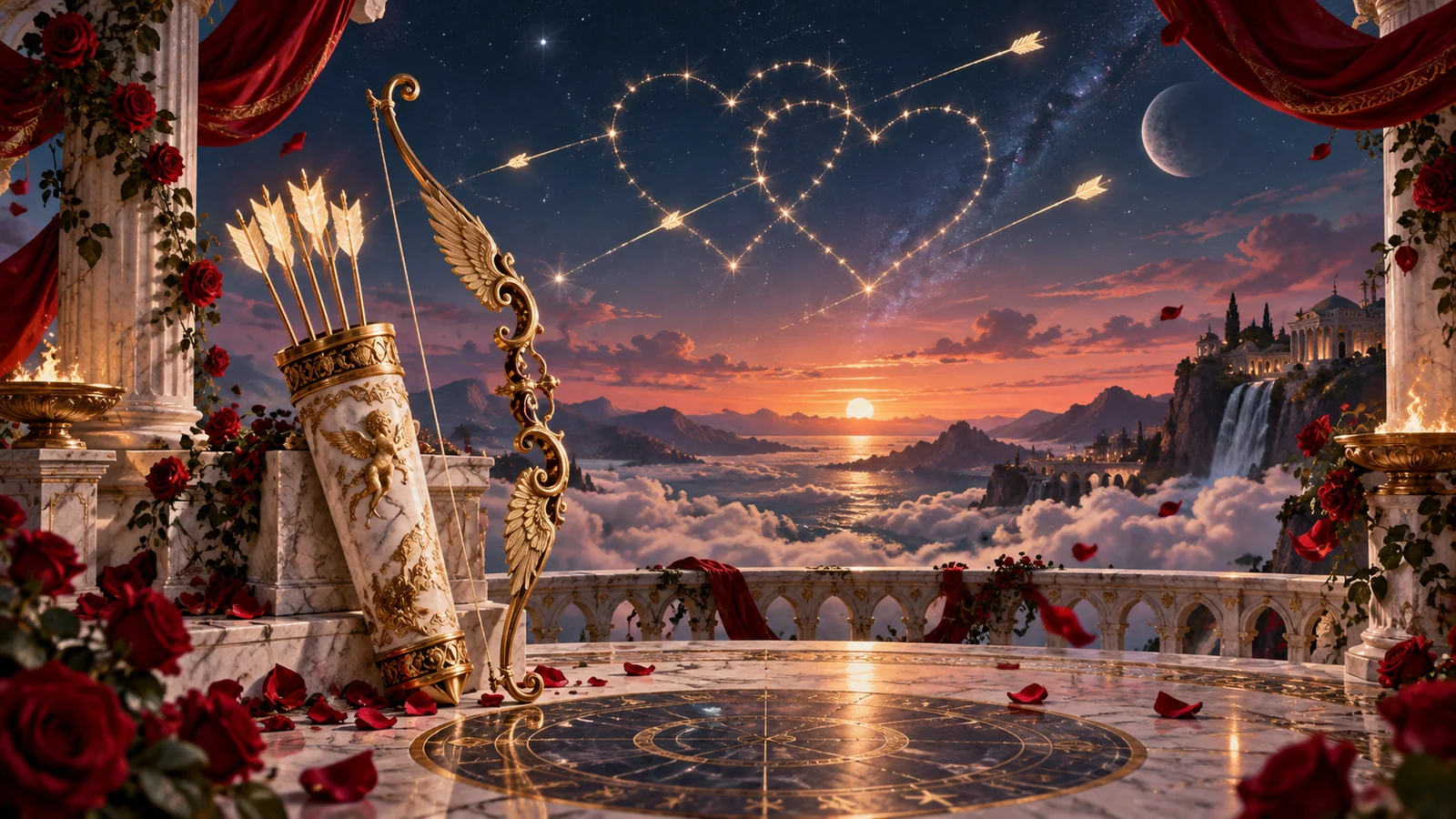 Original editorial artwork of a golden bow and luminous arrows crossing heart constellations above clouds