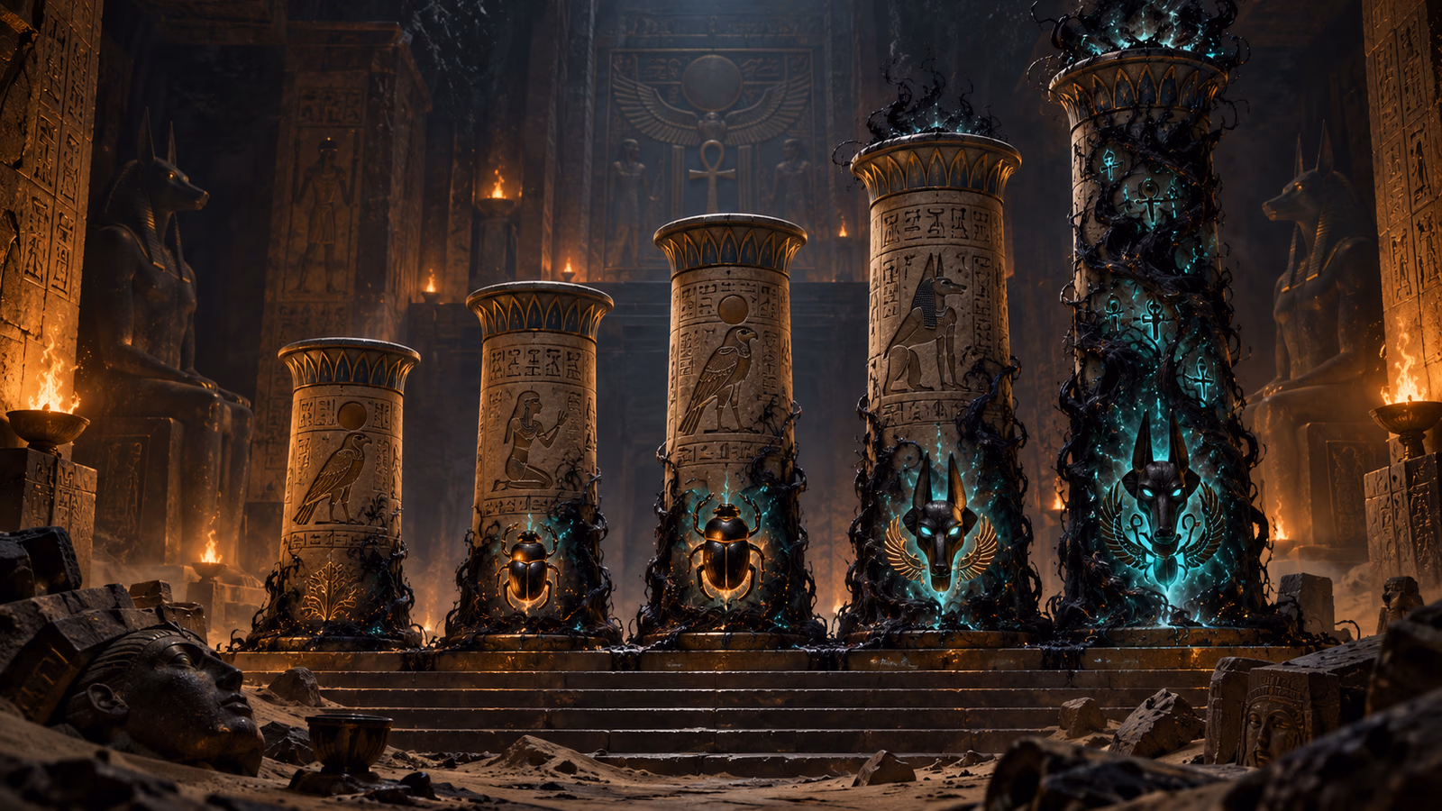 Original Egyptian crypt with five ascending carved columns overtaken by a turquoise supernatural curse