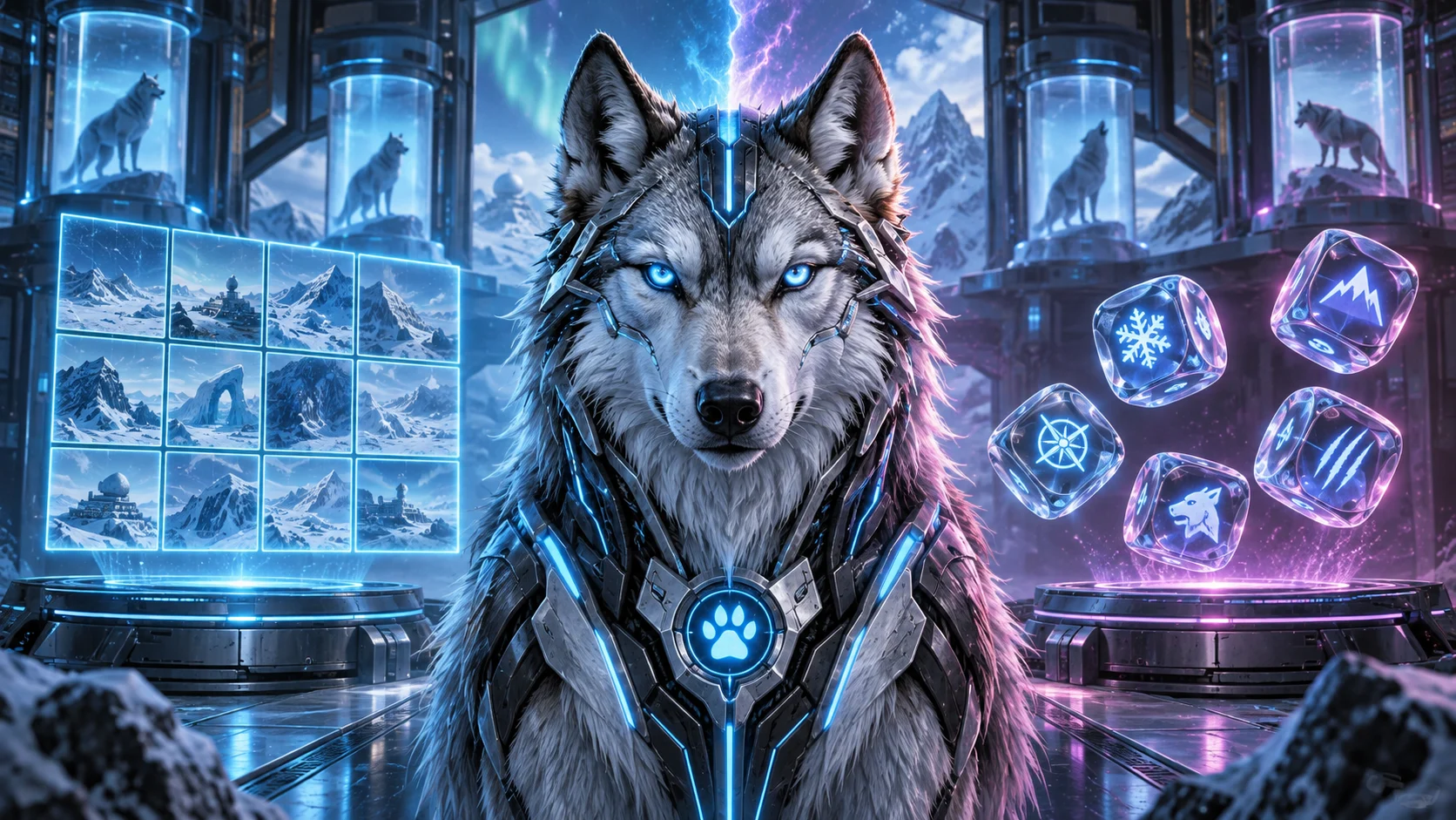 Original editorial artwork of a silver cybernetic wolf between a holographic grid and translucent dice