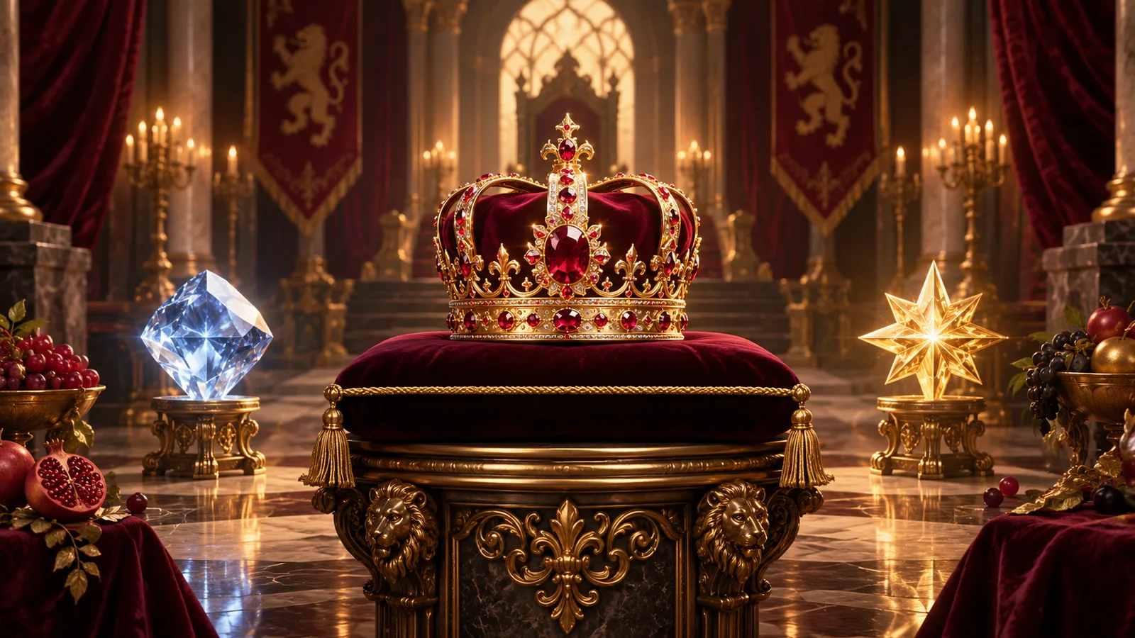Original editorial artwork of a ruby crown between a blue diamond and a golden star in a throne room