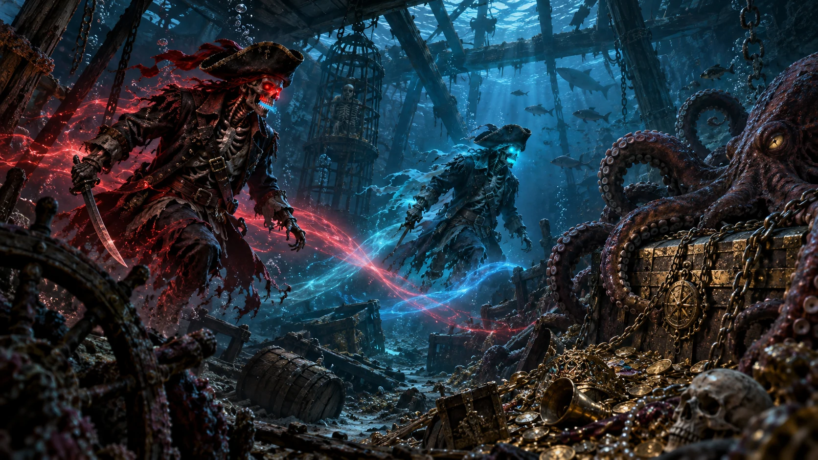 Original editorial artwork of red and blue skeletal pirates travelling through a haunted underwater shipwreck