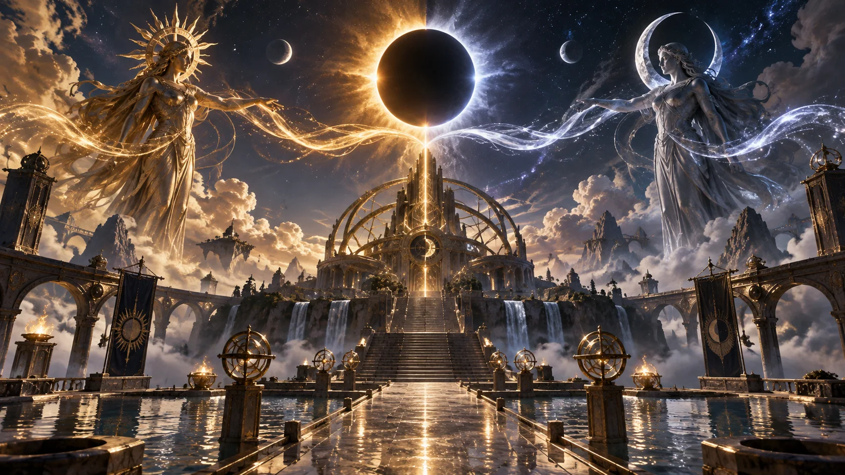 Original editorial artwork of golden sun and silver moon figures meeting above a celestial observatory during an eclipse