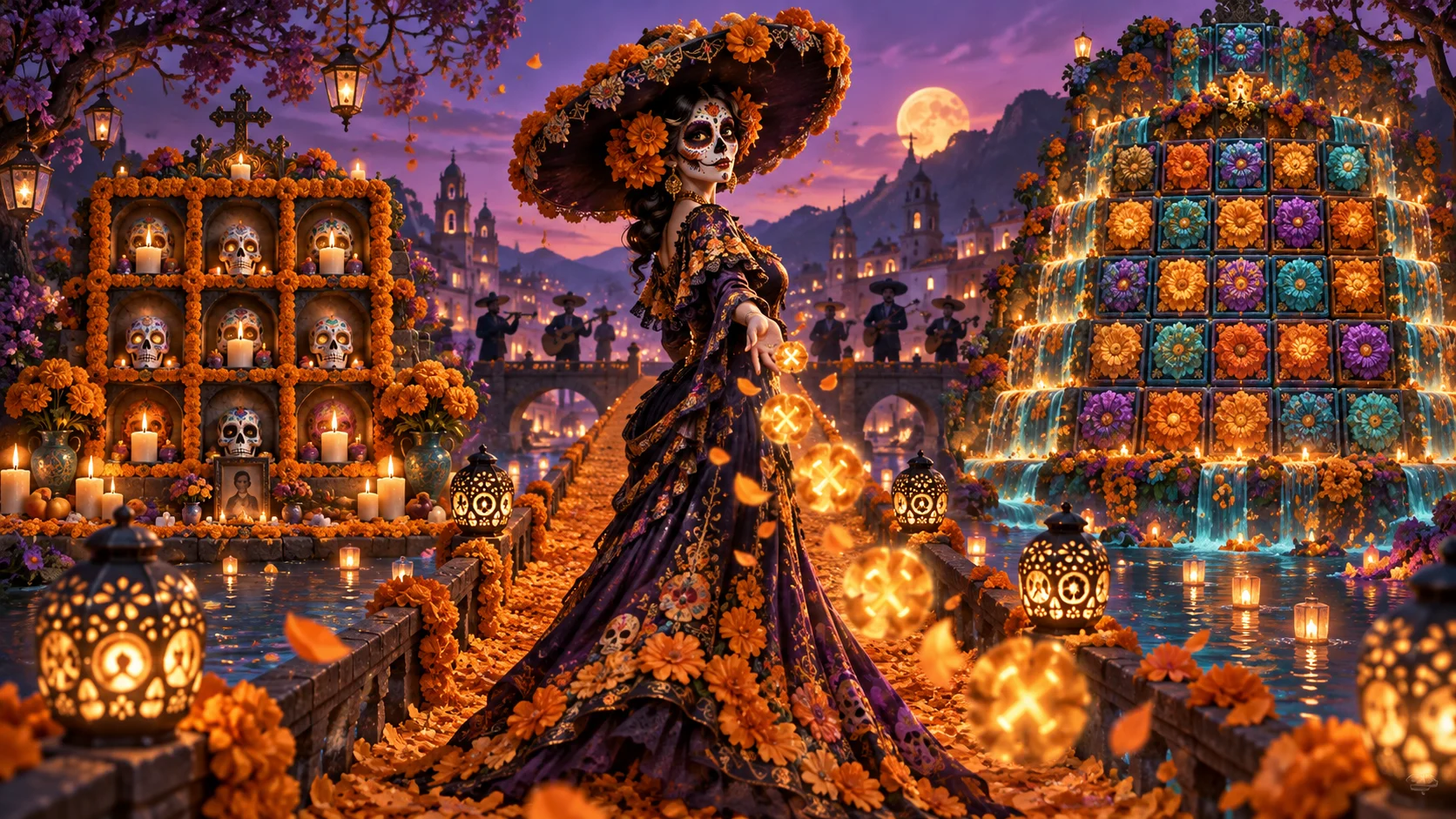 Original editorial artwork of a Catrina figure between a candle altar and a cascading marigold mosaic