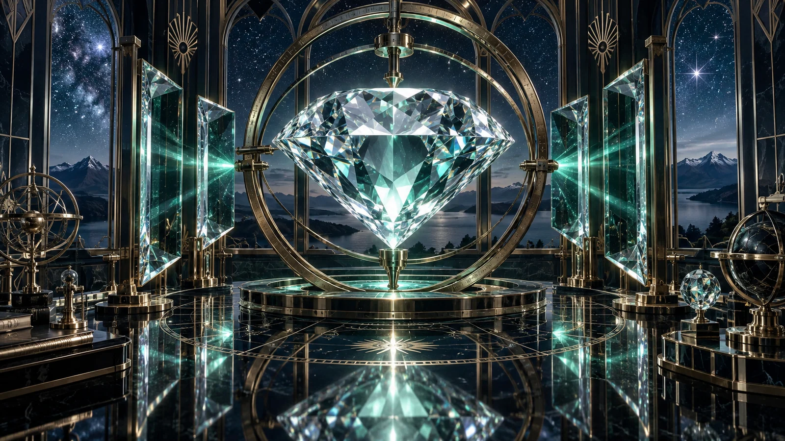 Original editorial artwork of a suspended diamond inside an Art Deco astronomical laboratory
