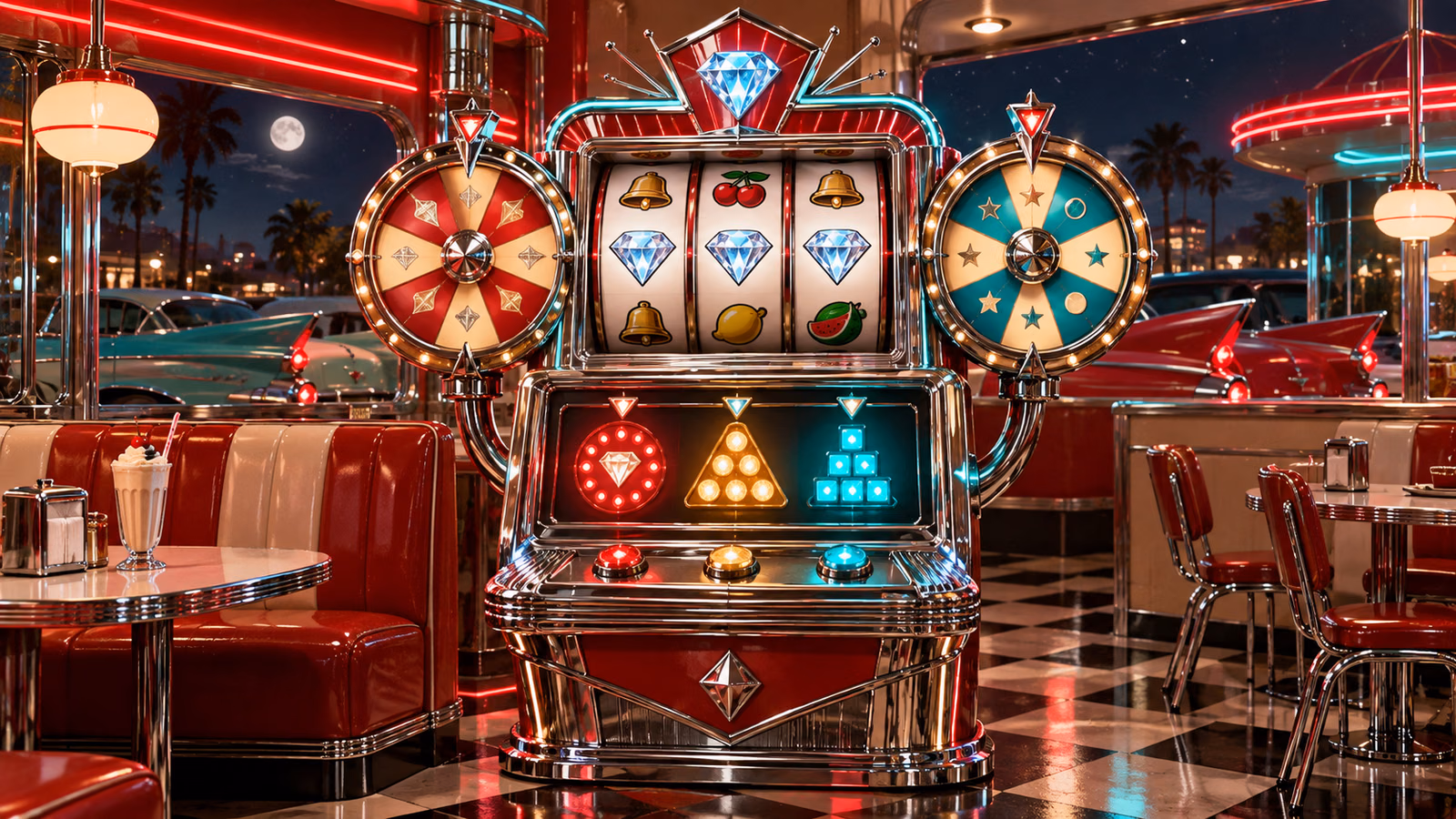 Original chrome 1950s diner slot cabinet with three reels and two distinct mechanical bonus wheels
