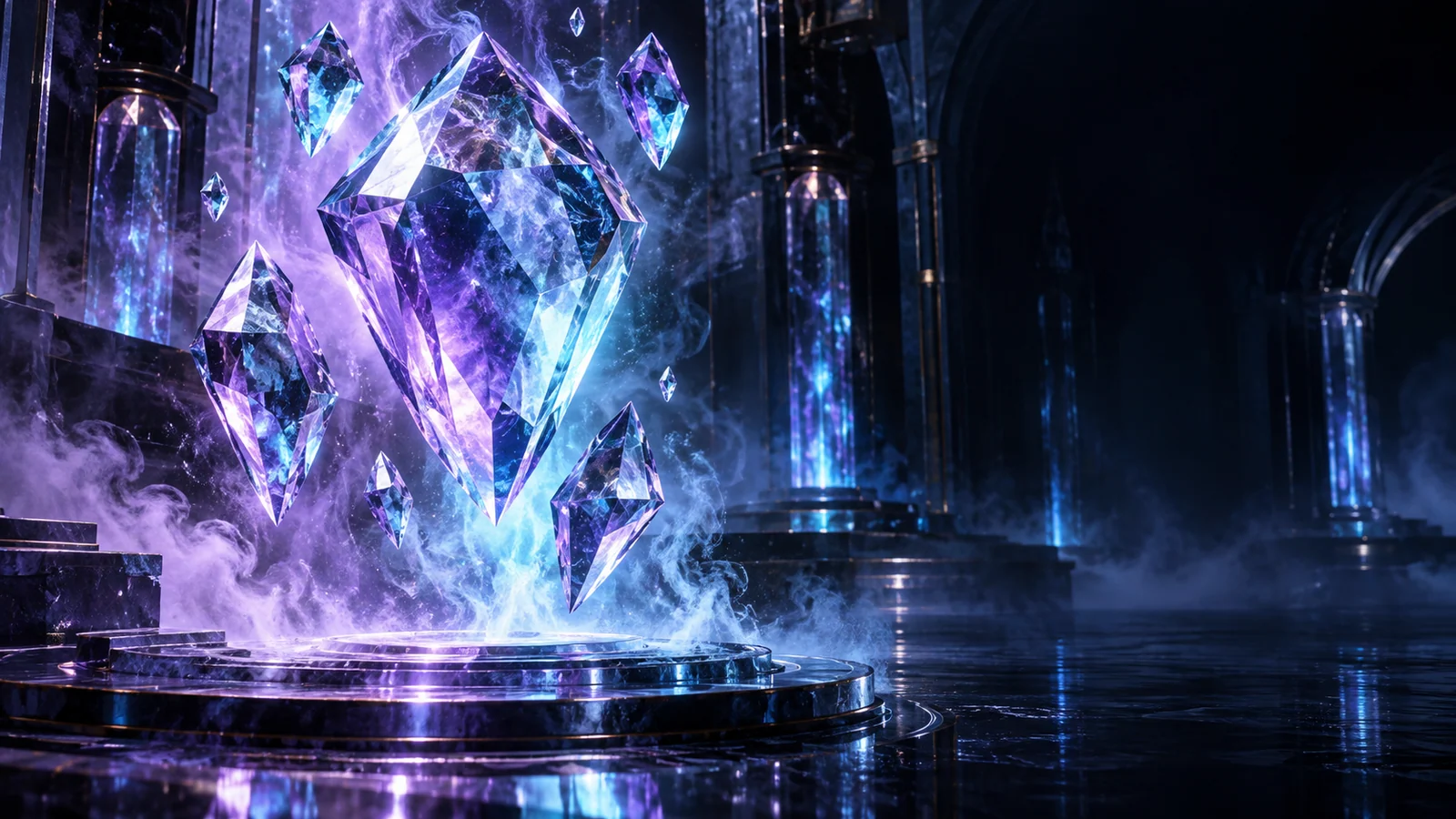 Original editorial artwork showing luminous blue and violet crystal prisms in mist