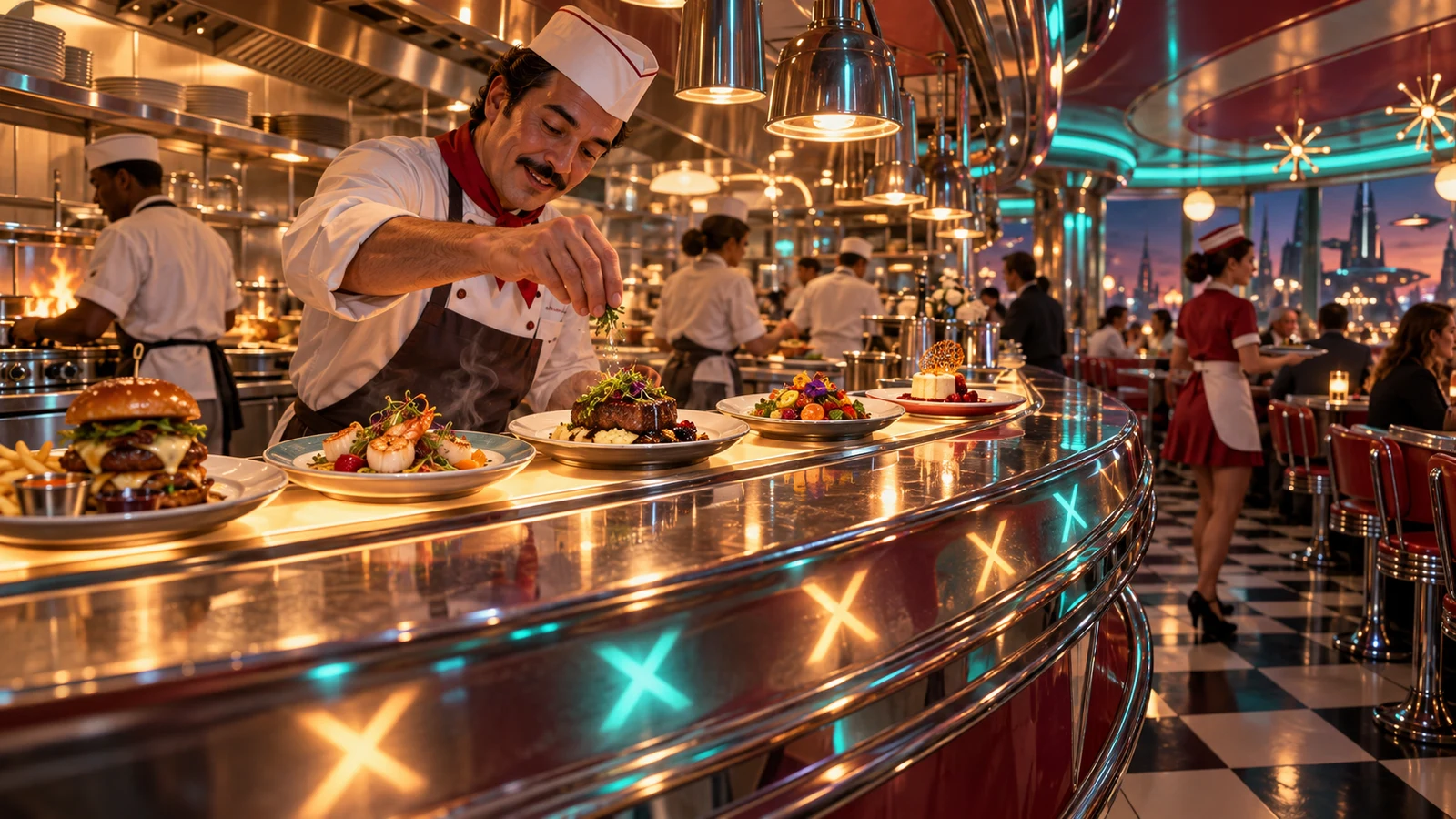 Original editorial artwork of a chef plating five dishes along the chrome counter of a busy retro-futurist diner