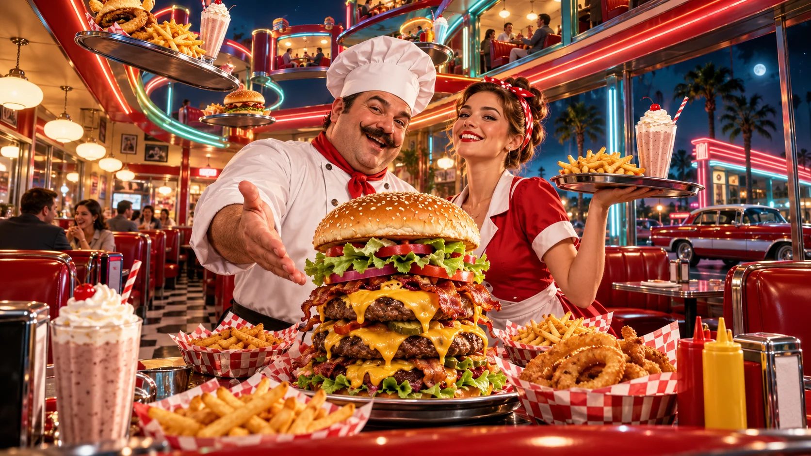 Original editorial artwork of a chef and waitress presenting a towering burger inside a neon retro diner
