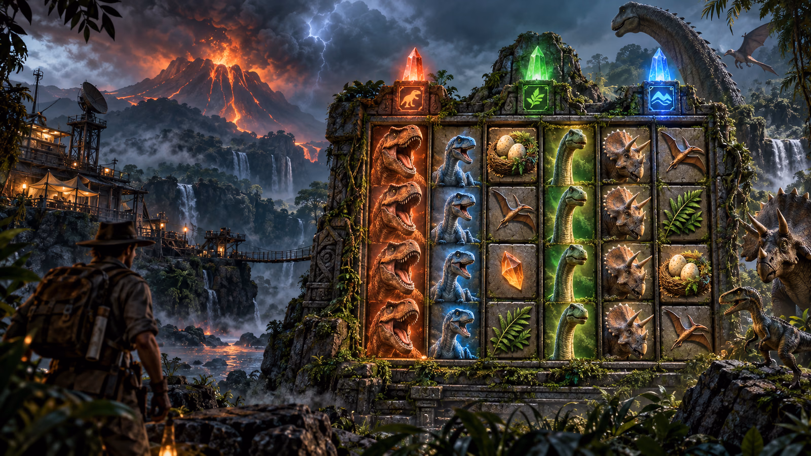 Original volcanic dinosaur expedition with a four-row five-reel grid, nest eggs and three upgrade beacons