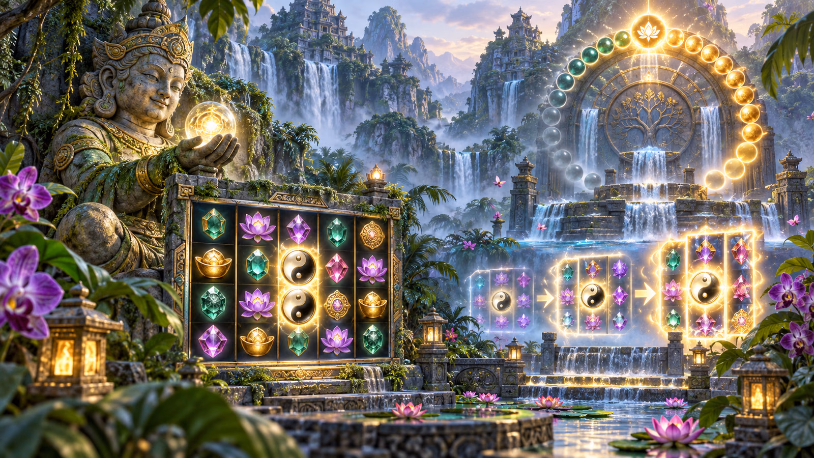 Original rainforest sanctuary with a gem grid, Yin Yang Wilds and a luminous circular multiplier altar