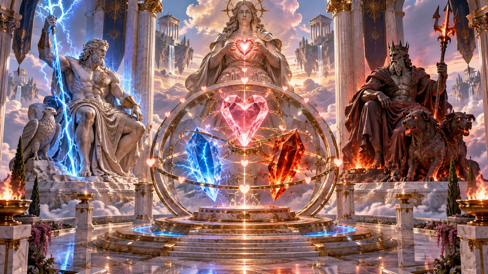 Original editorial artwork of three divine energy powers surrounding a luminous mechanism above Olympus