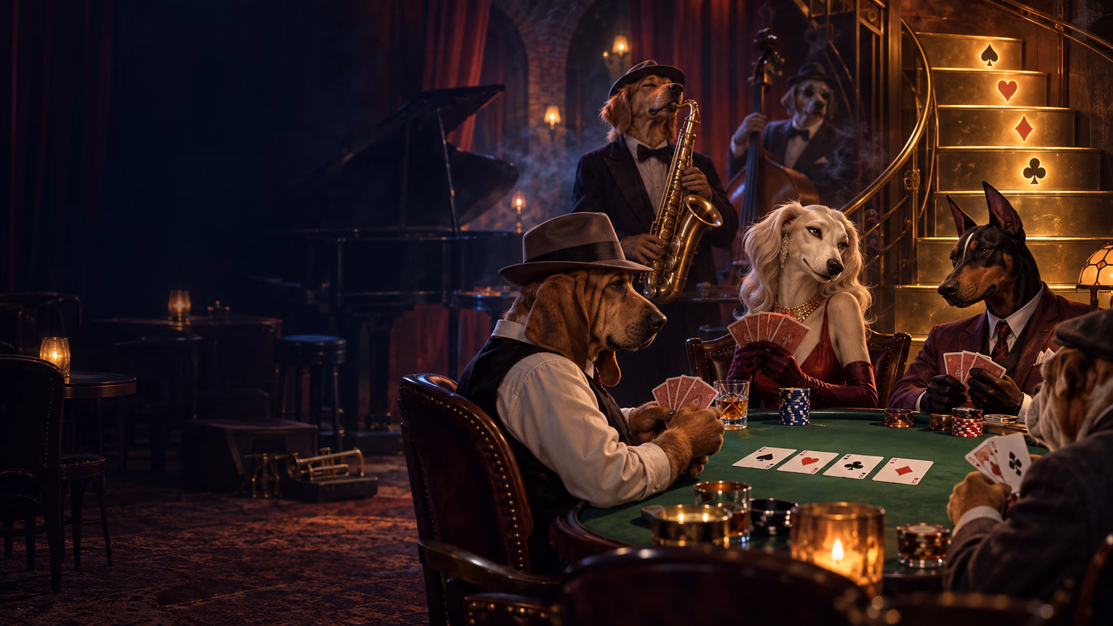 Original late-night jazz basement with anthropomorphic dog musicians, card table and illuminated multiplier staircase