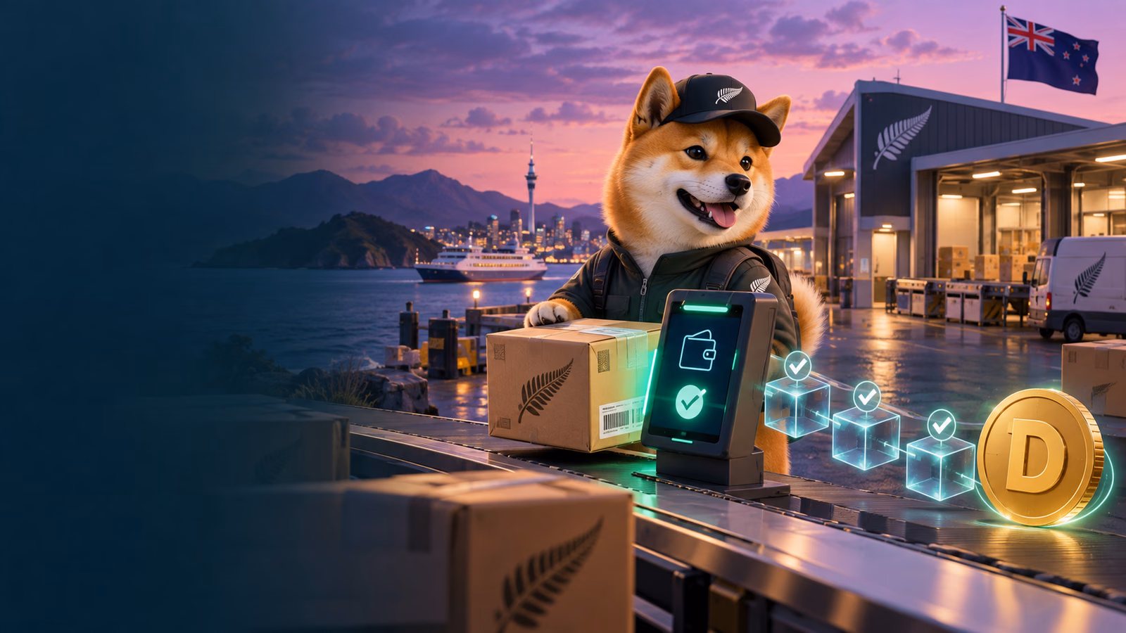 Original Dogecoin payment-verification terminal with courier mascot and confirmation blocks in New Zealand