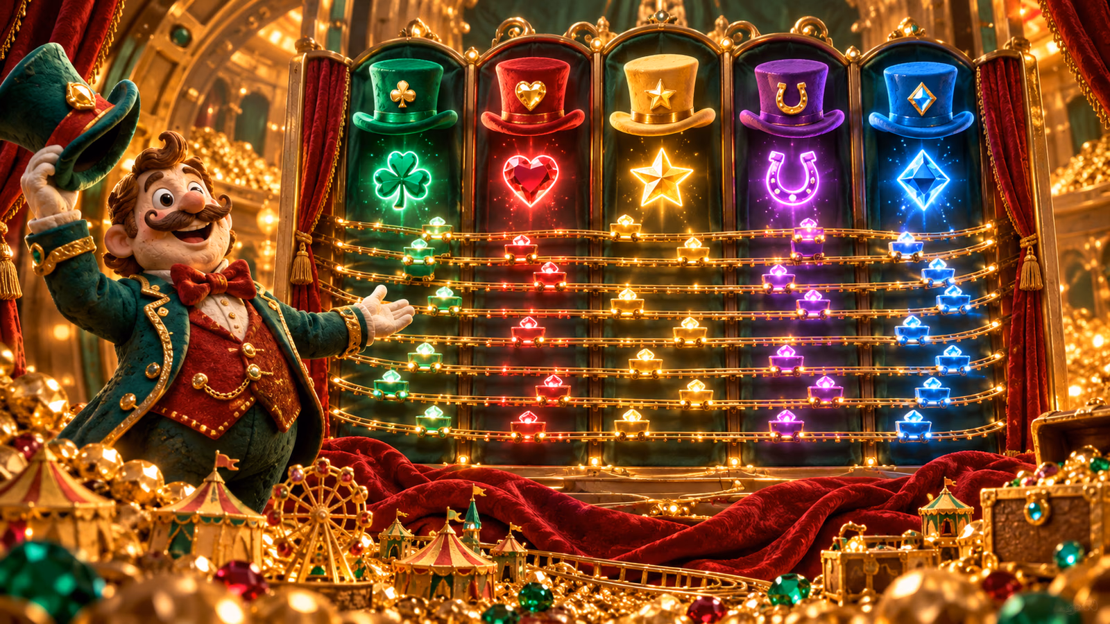 Original carnival tycoon presenting a jewel vault with five columns, hats and fourteen illuminated rail lines