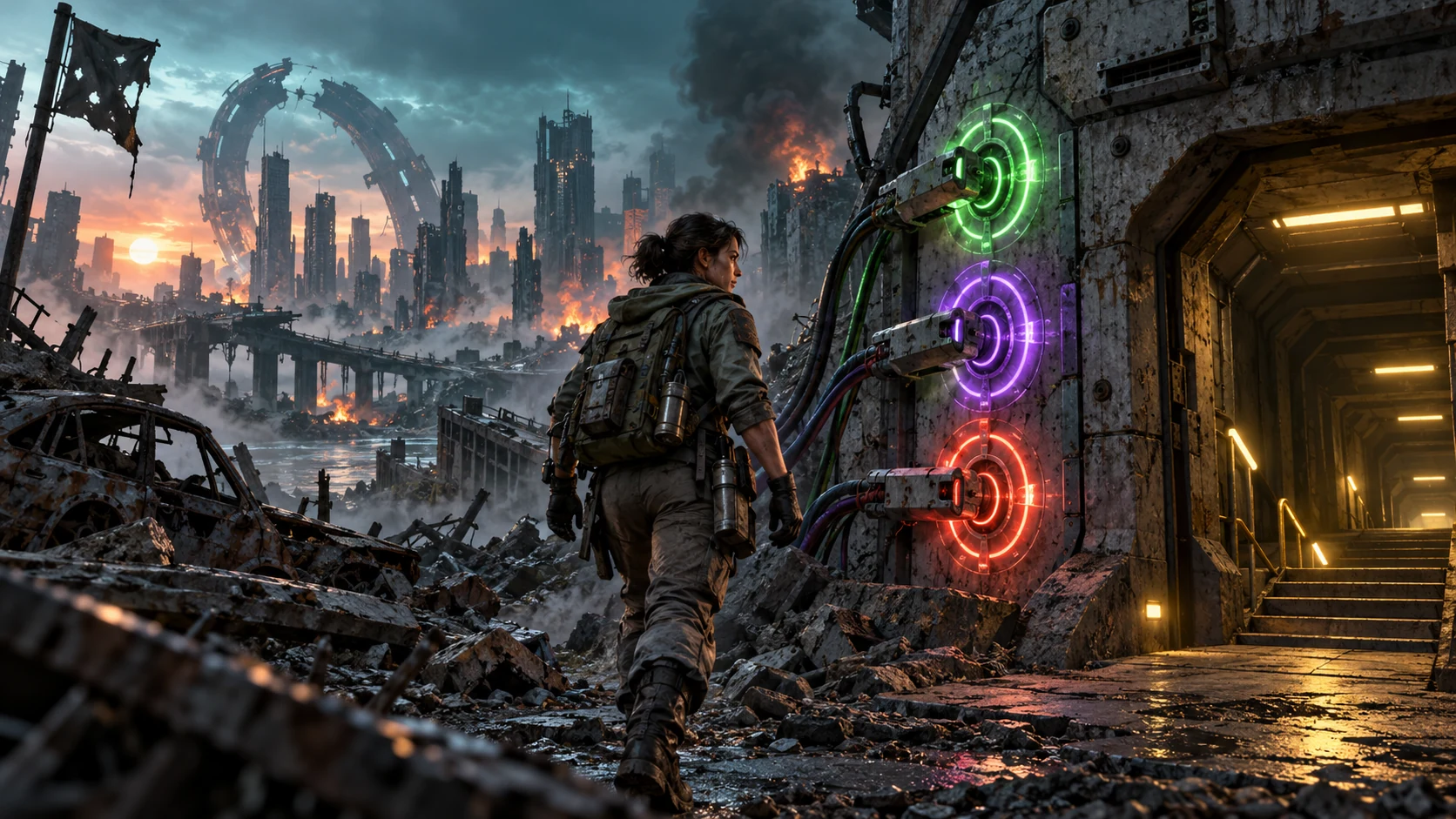 Original editorial artwork of a scientist approaching a bunker with green purple and red power clamps in a ruined city
