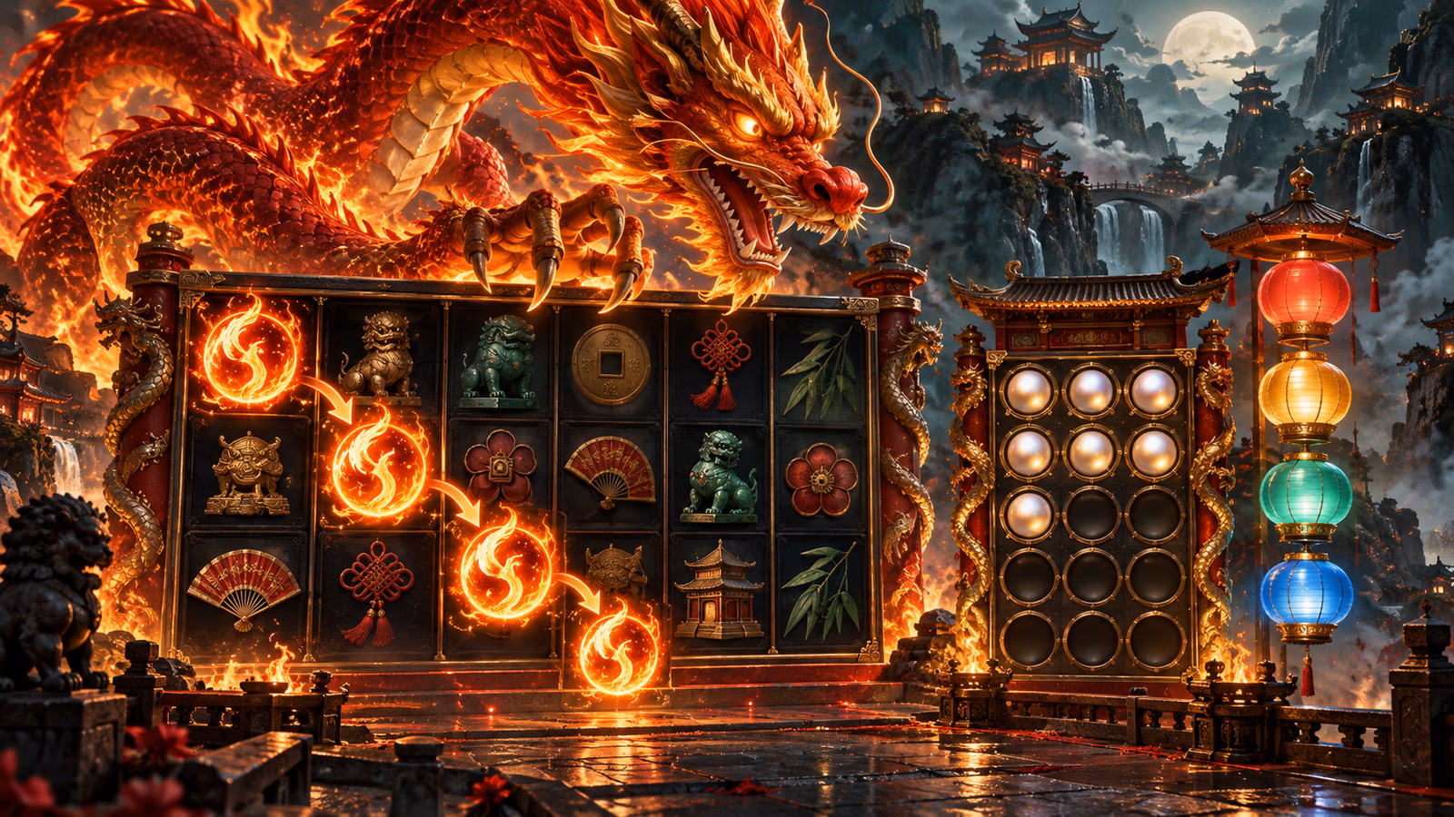 Original red and gold dragon scene with descending Wildfires, a 3 by 5 board and separate 15-cell pearl chamber