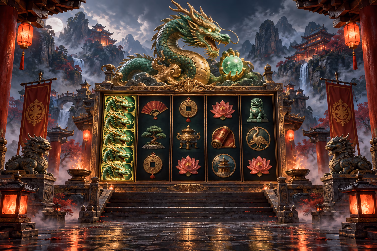 Original mountain shrine scene with a jade dragon and a five-reel board showing a full Dragon stack on reel one
