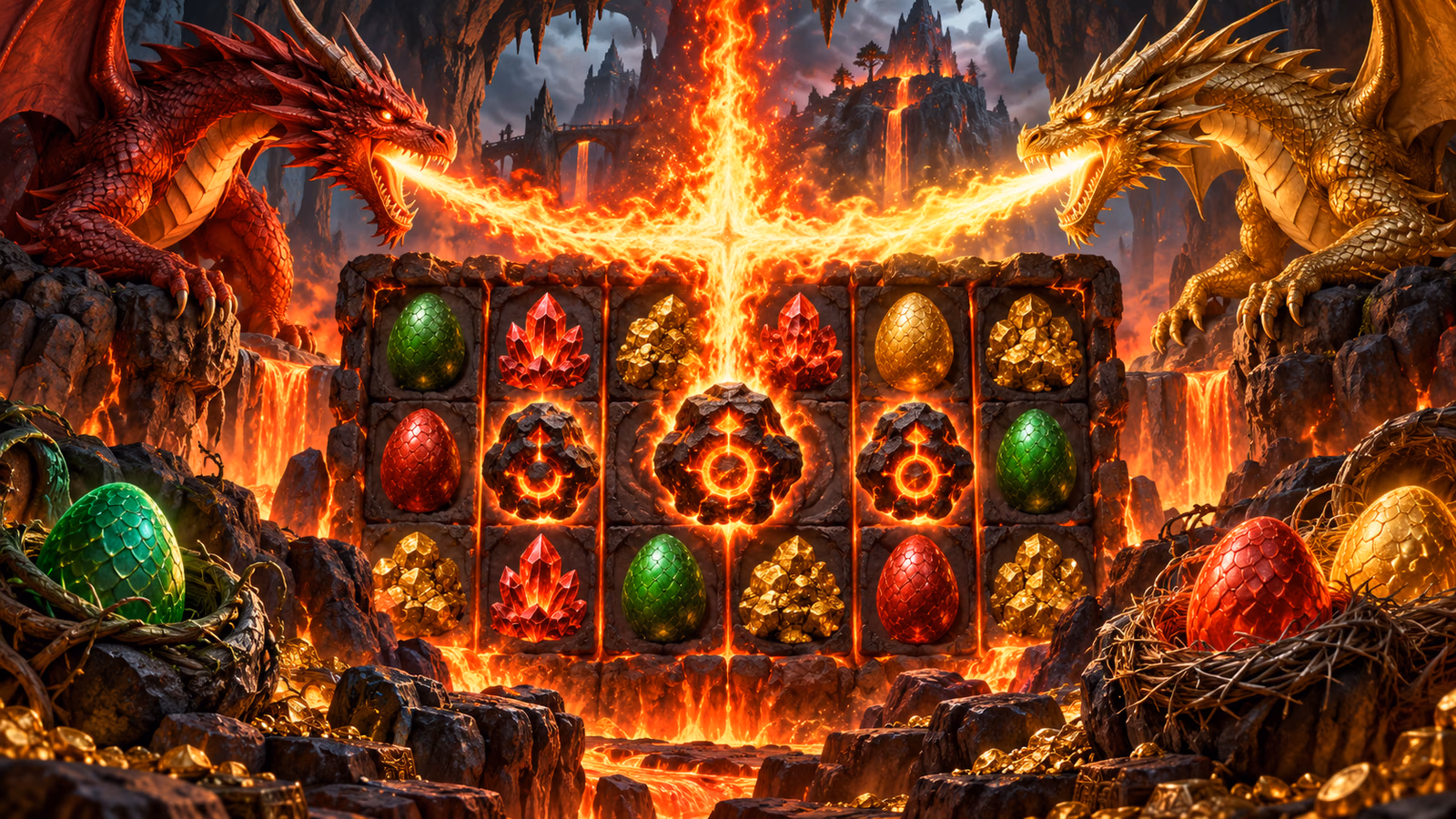 Original red and gold dragons breathing cross-shaped fire over charred stones and coloured eggs