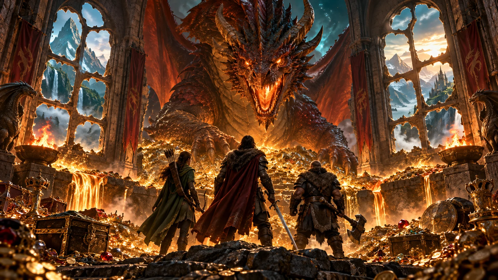 Original editorial artwork of three adventurers confronting a dragon inside a treasure vault with divided stone windows