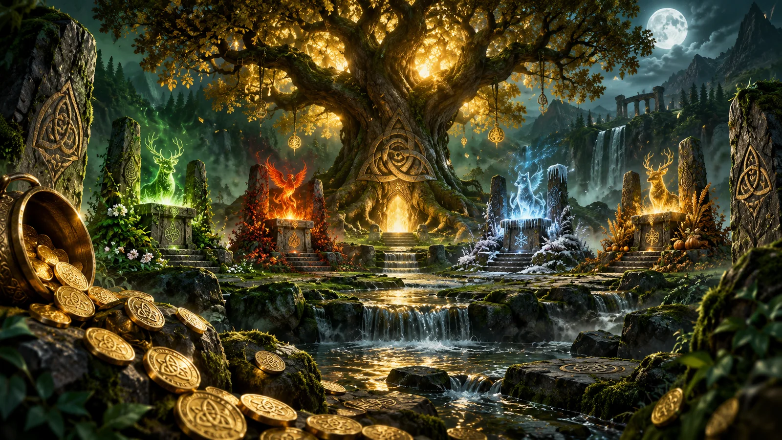 Original ancient druid grove with rune stones four elemental altars golden coins and glowing oak