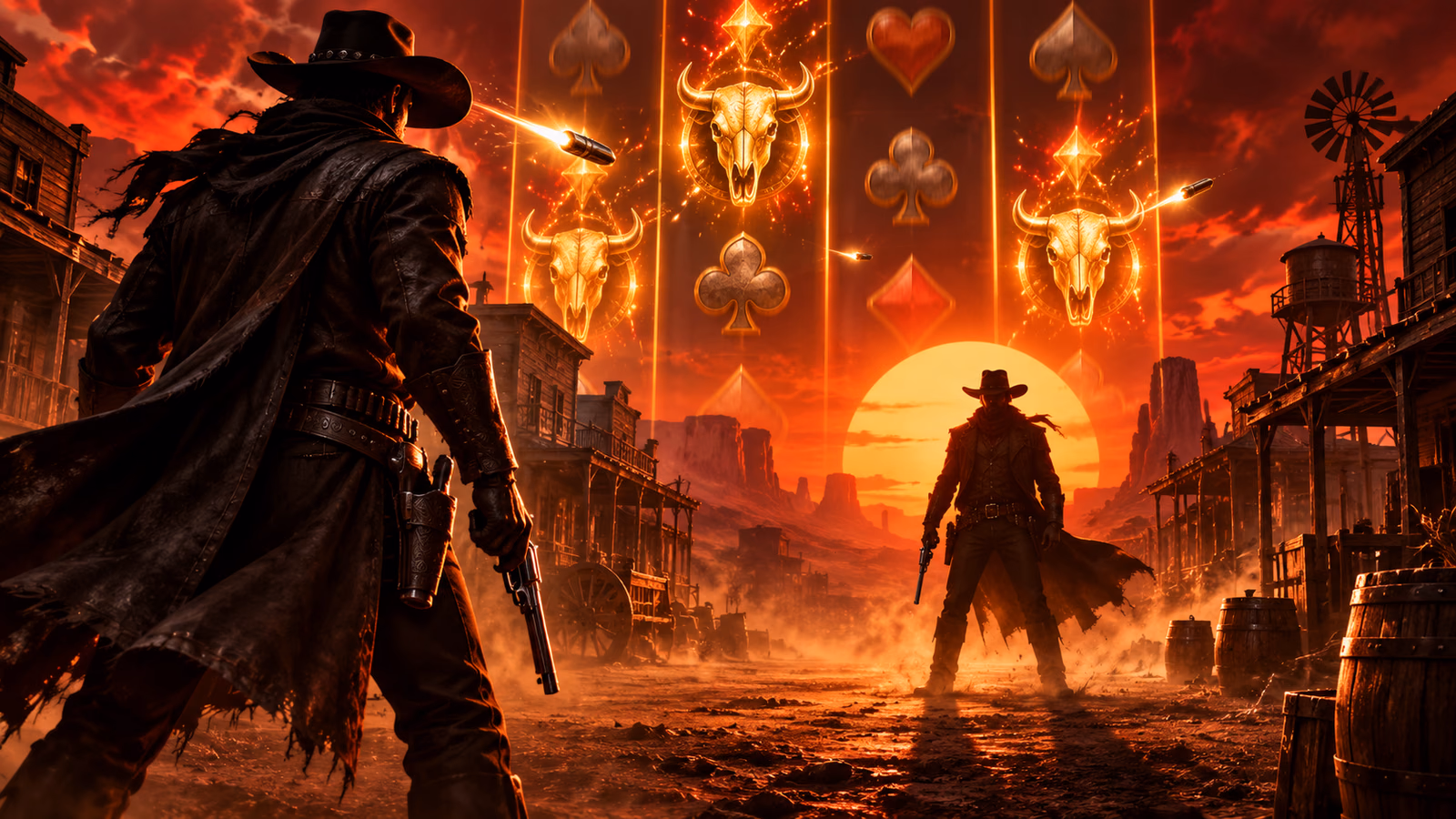 Original red-dawn western duel with glowing vertical reel panels, bullet sparks and two silhouetted gunslingers