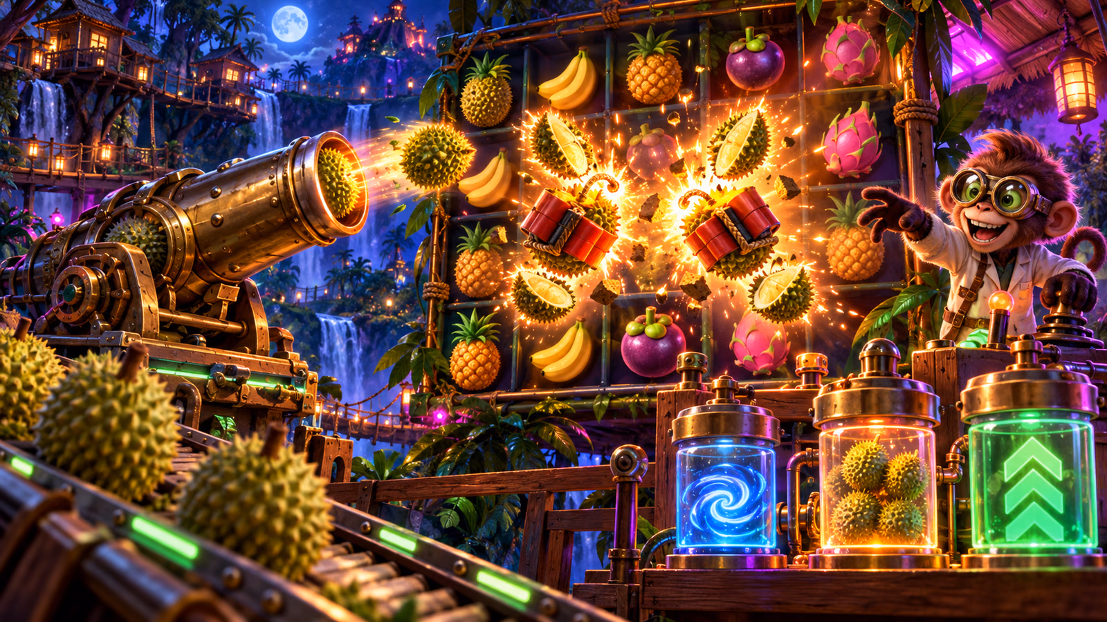 Original neon durian laboratory with launched fruit Wilds splitting through an explosive grid and three upgrade jars