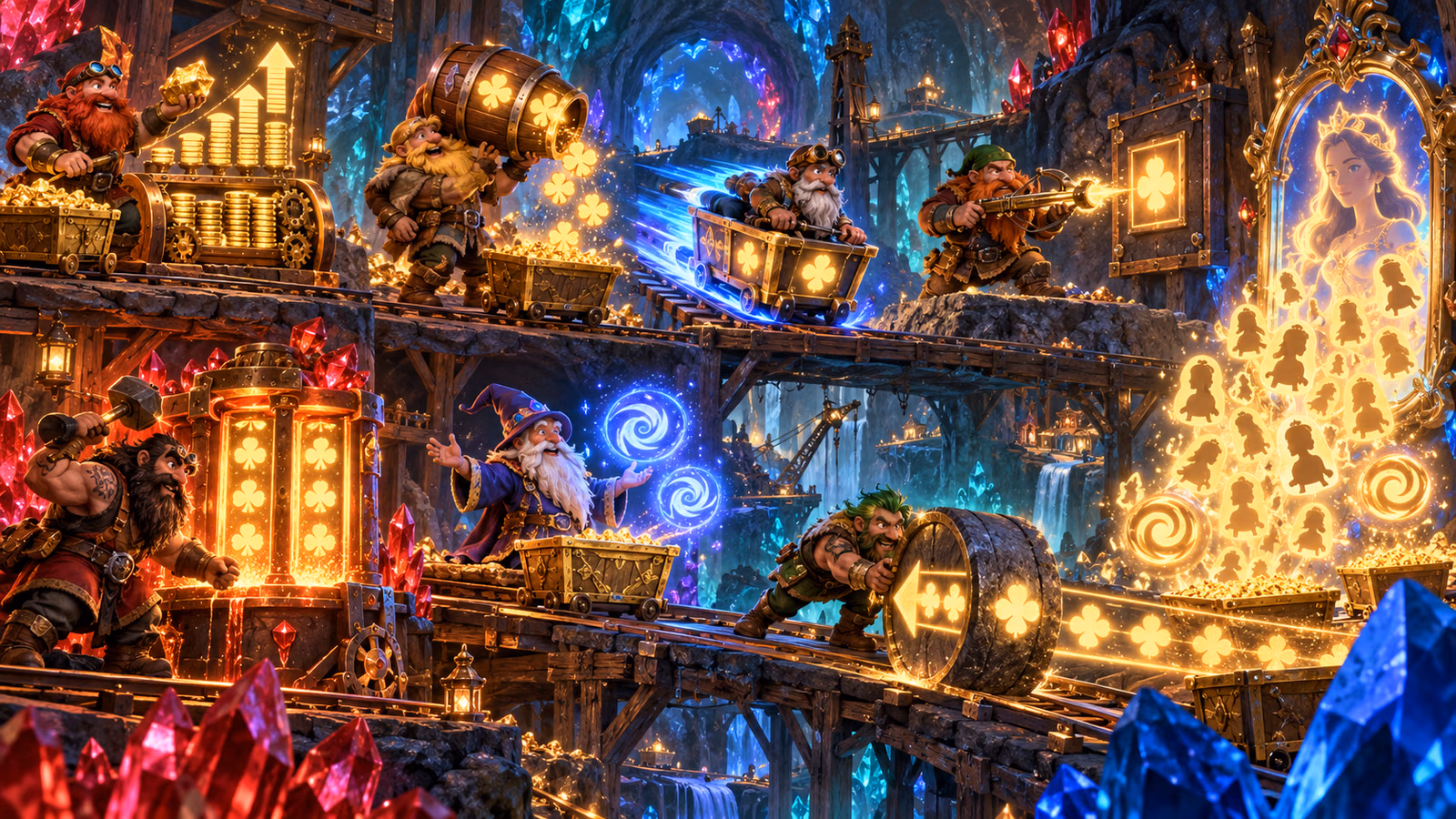 Original enchanted mine with seven distinct miners, feature tools, golden carts and a glowing mirror