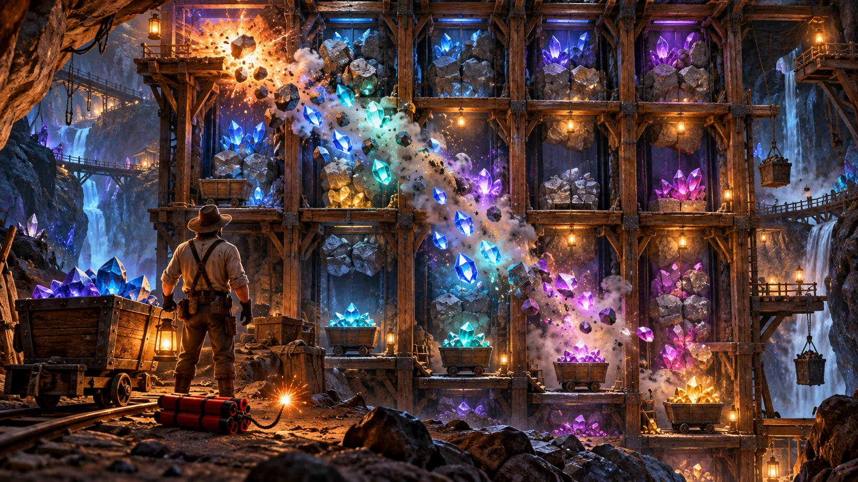 Original editorial artwork of a crystal mine with a controlled blast and cascading gemstones