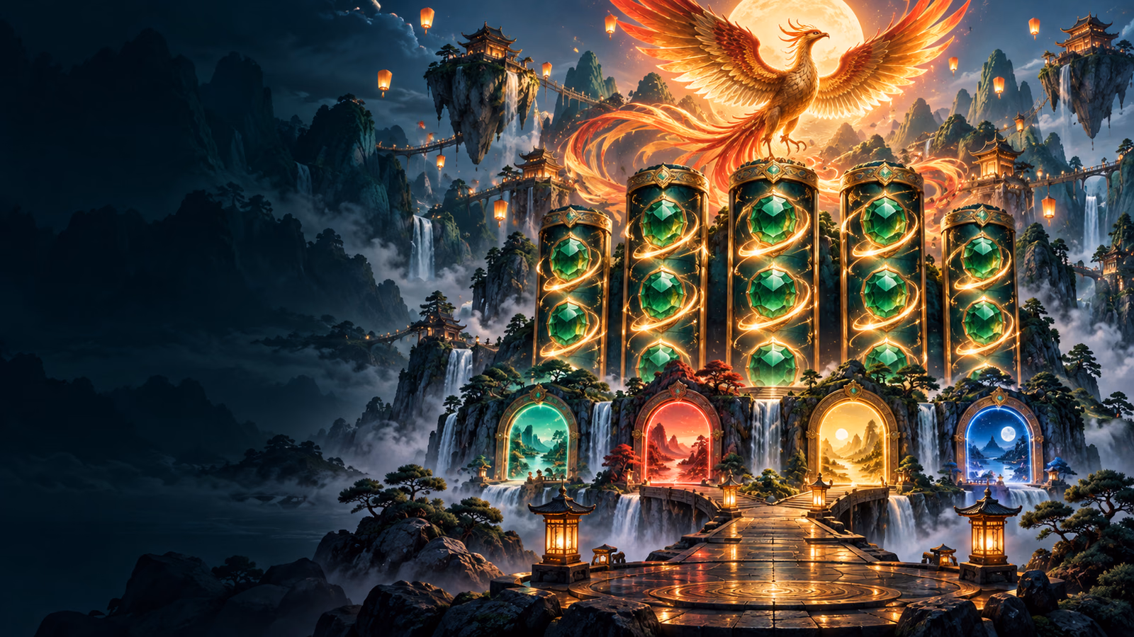 Original emerald mountain valley with phoenix, multiplier gems and four illuminated destiny gates