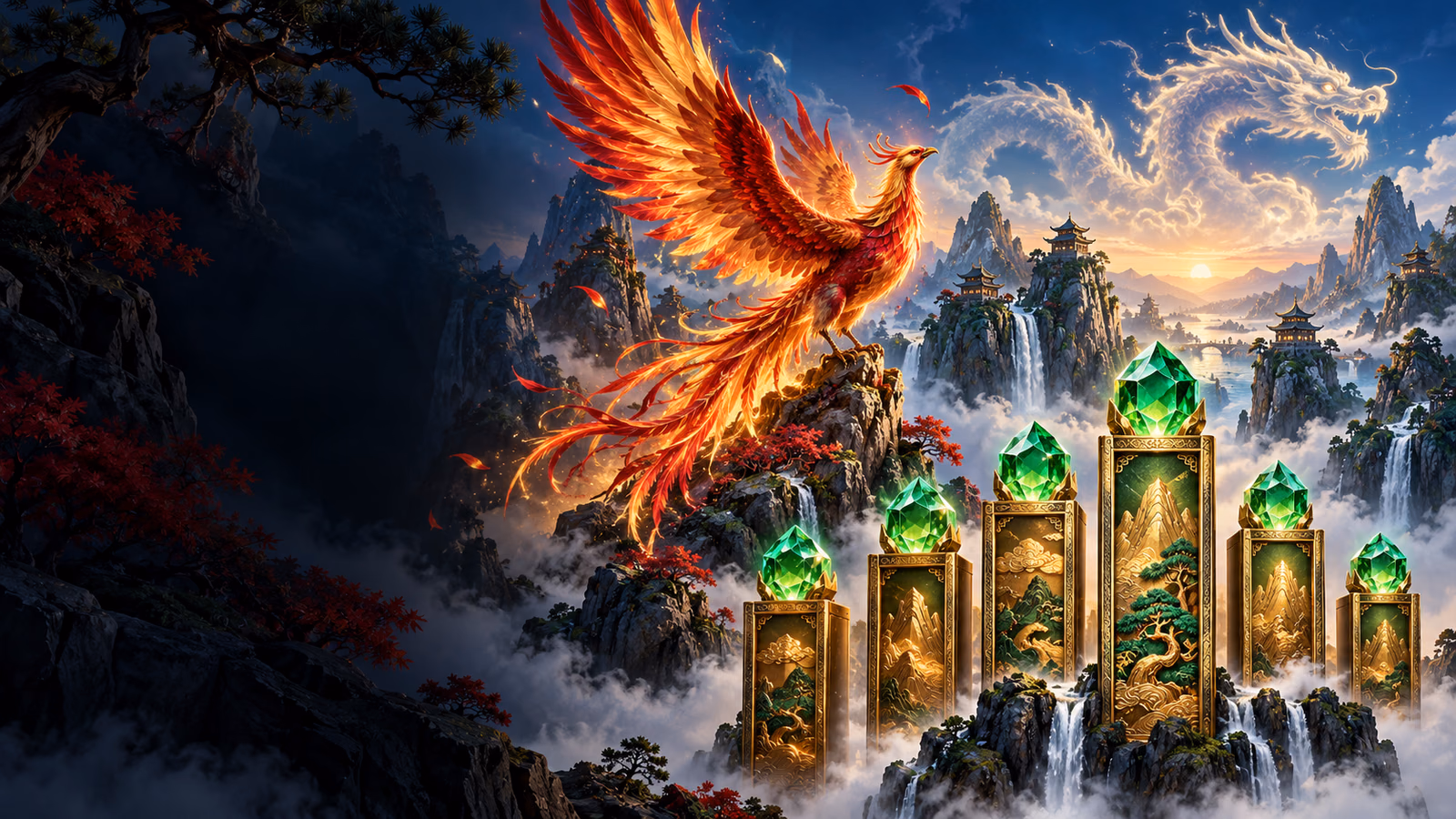Original mountain fantasy with phoenix, emerald crystals and variable-height golden reel pillars