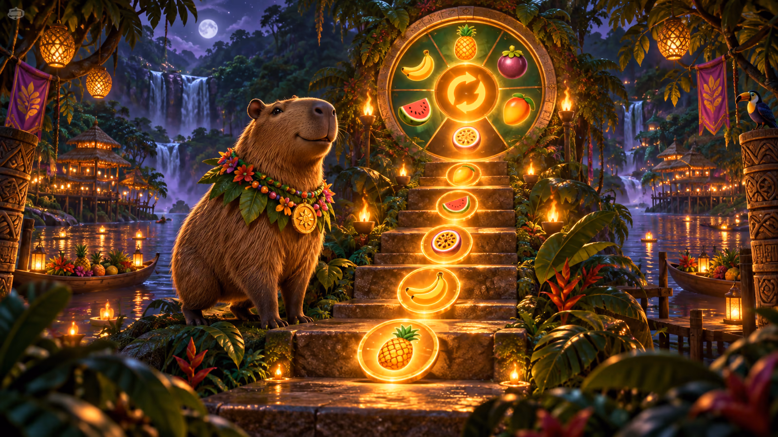 Original rainforest festival scene with capybara silhouettes, fruit lights and a numbered trail