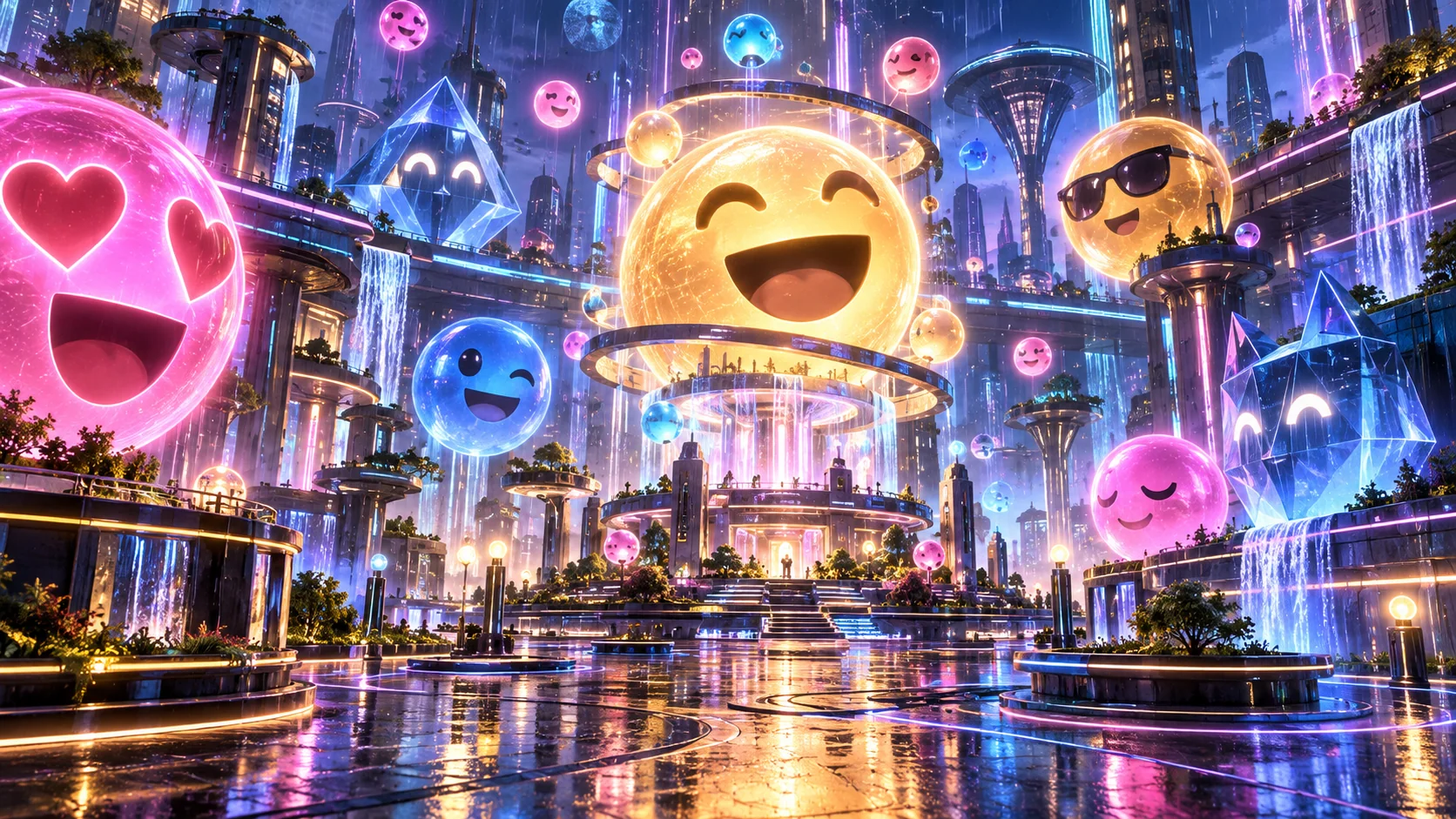Original editorial artwork of a neon emoji district filled with luminous faces and cascading blocks