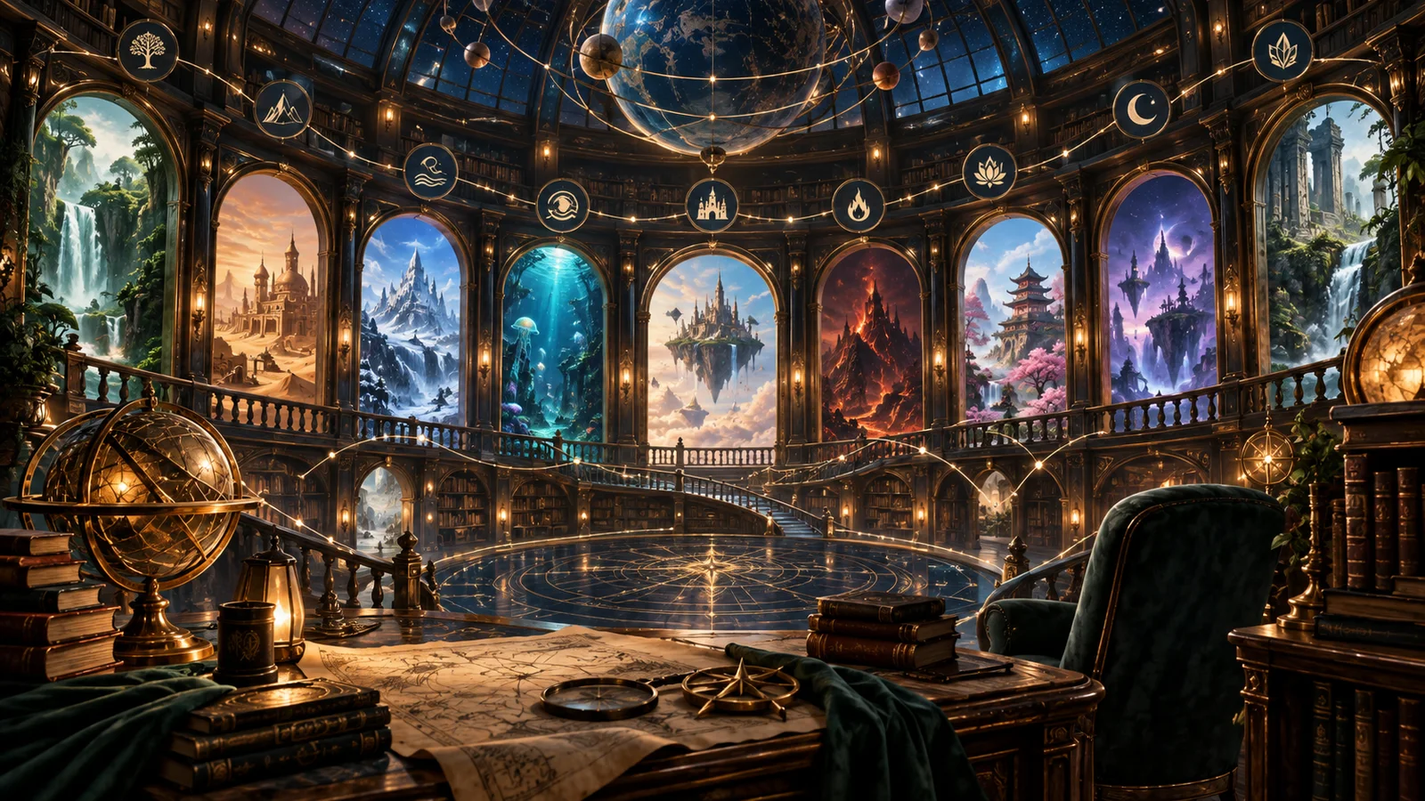 Original editorial observatory containing illuminated portals to many game worlds