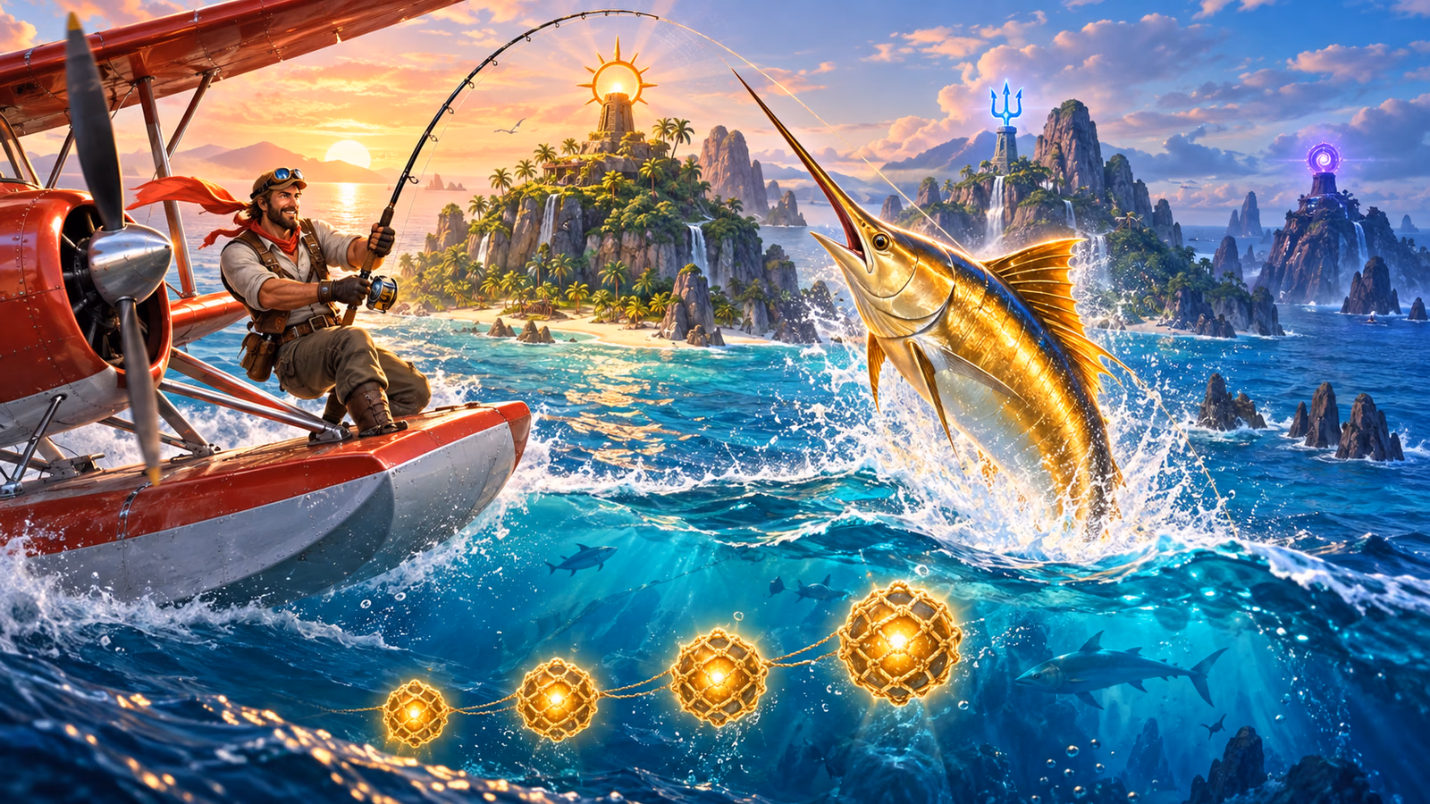 Original Caribbean fishing expedition with a red seaplane, three island beacons and a golden marlin