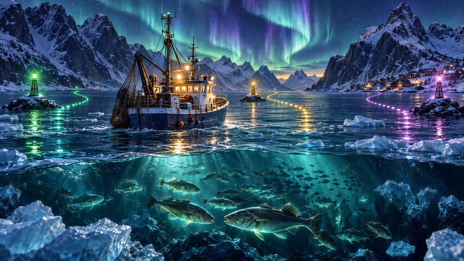 Original cinematic winter fjord with fishing vessel, glowing fish values and three route beacons