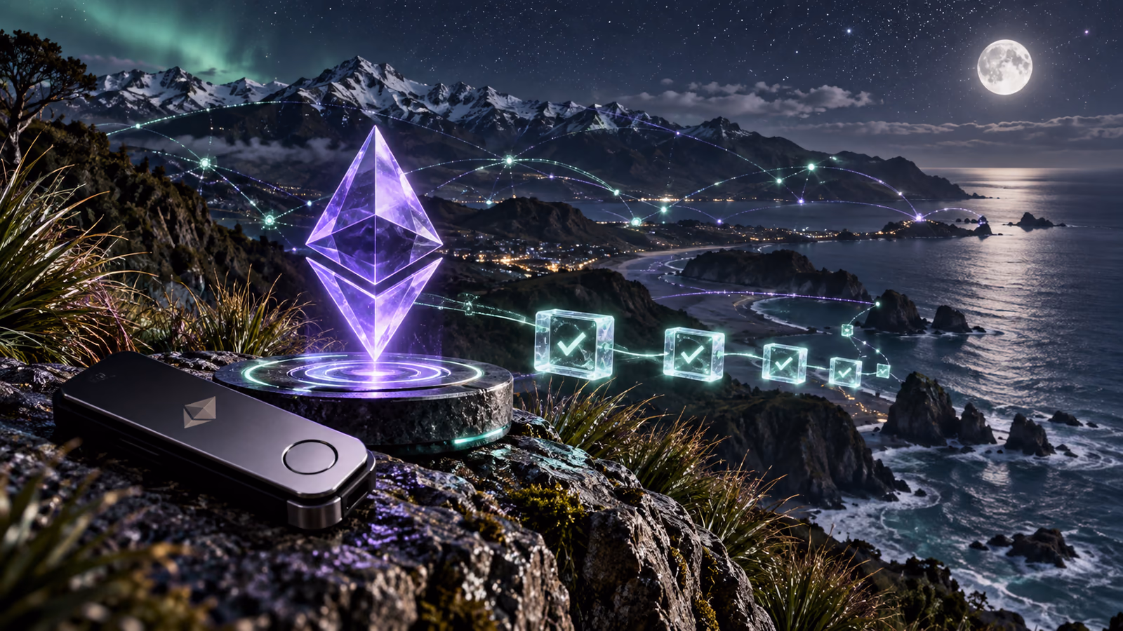 Editorial Ethereum payment route with wallet, network path and confirmation blocks