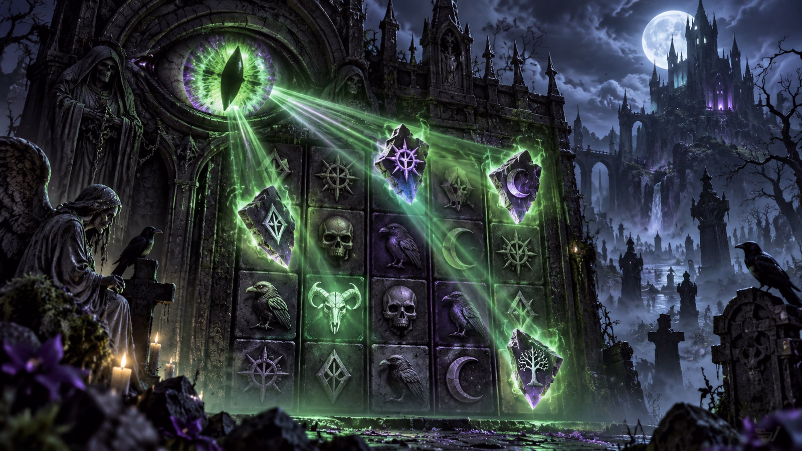 Original gothic graveyard grid watched by one supernatural eye casting green directional beams across rune symbols