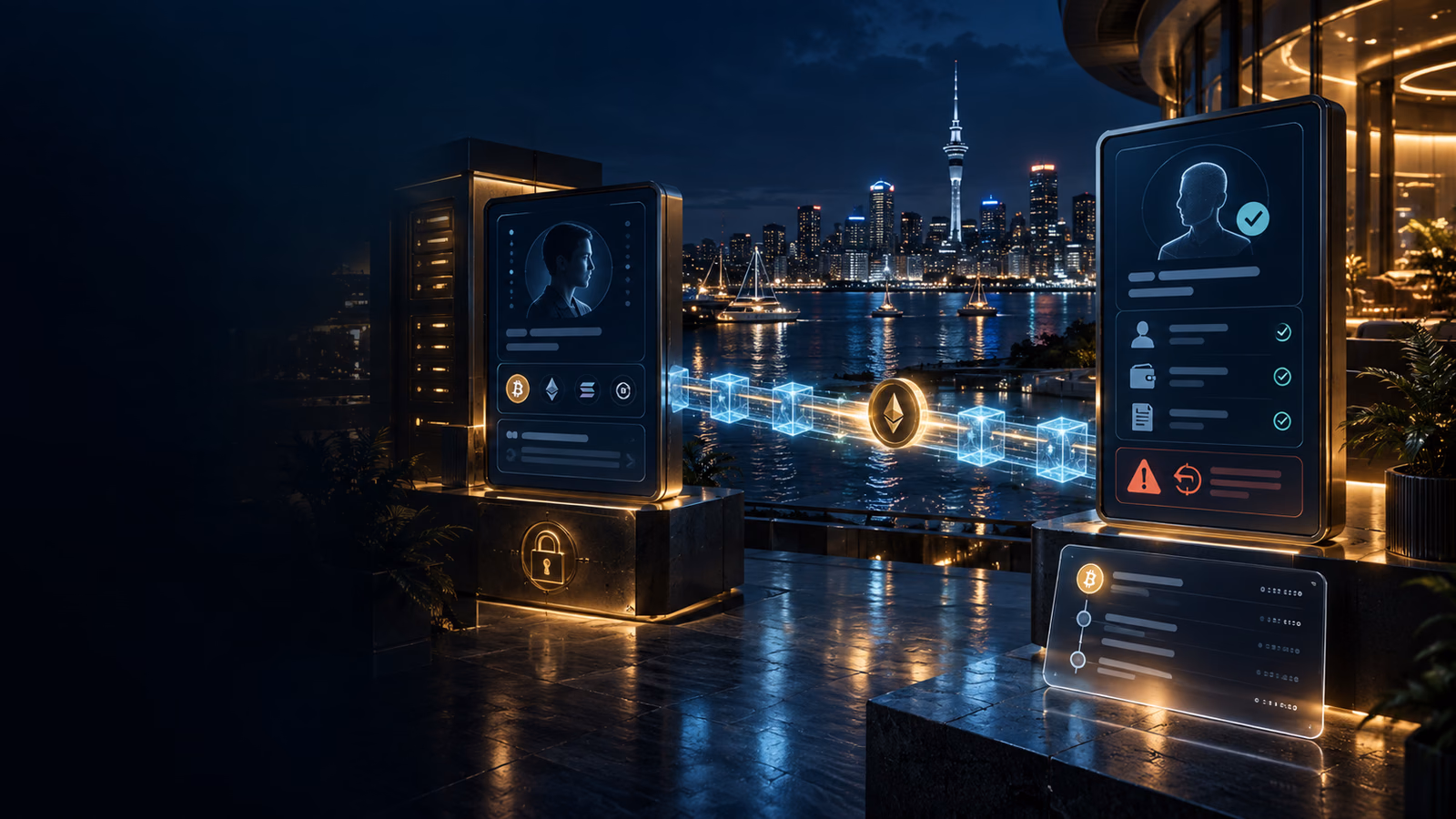 Original Auckland transfer-control scene with sender and recipient terminals linked by a blockchain bridge