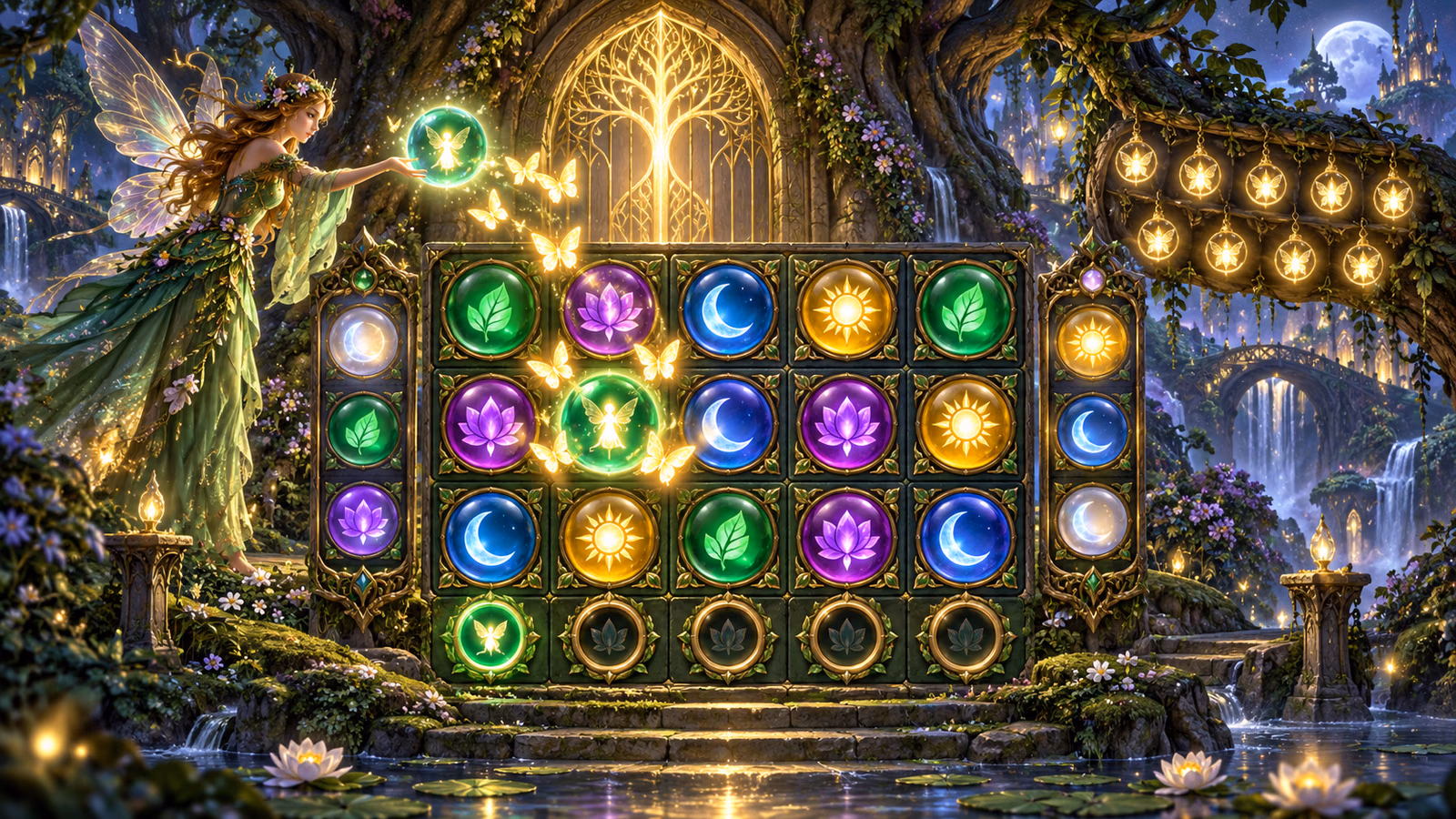Original enchanted forest with a three-by-five jewel board, two narrow separate Orb columns and luminous Wild butterflies
