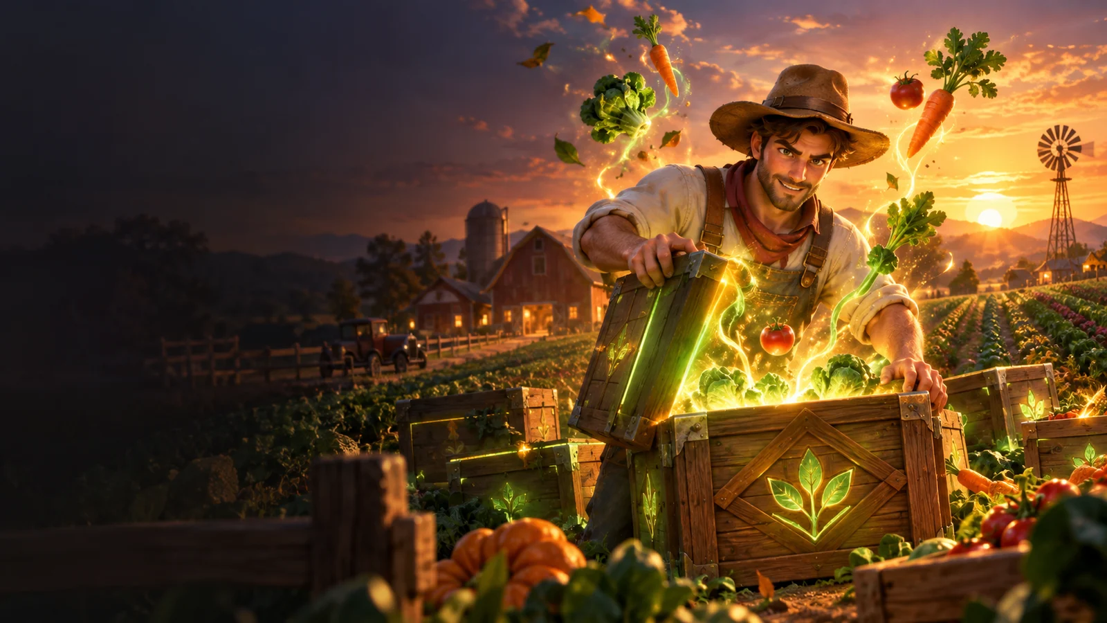 Original editorial artwork of a farmer opening luminous harvest crates at sunset