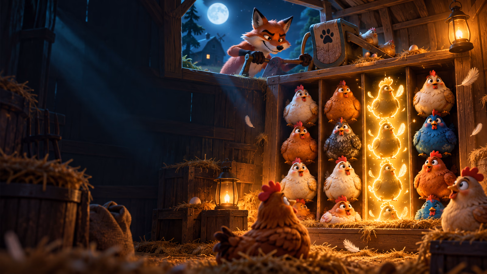 Original moonlit henhouse with clever fox, stacked hens, nudge machine and one glowing converted wild column