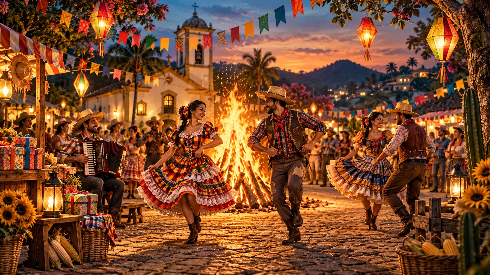 Original editorial artwork of dancers, lanterns and a bonfire at a colourful Festa Junina celebration