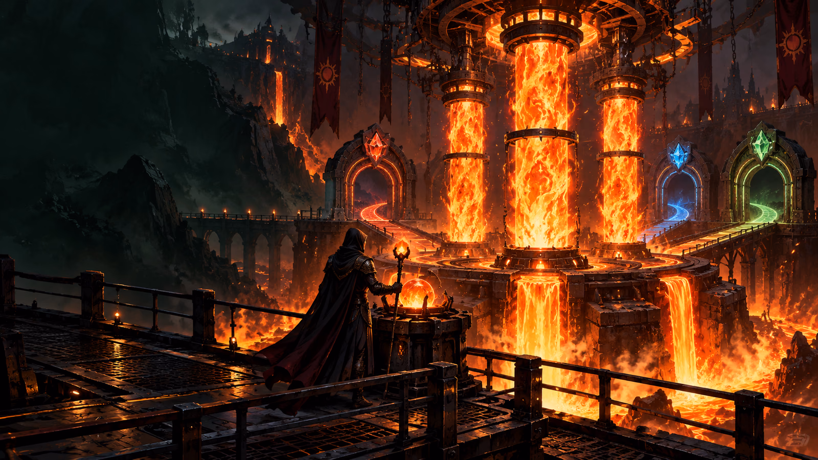 Original volcanic control chamber with flame columns and three feature gates