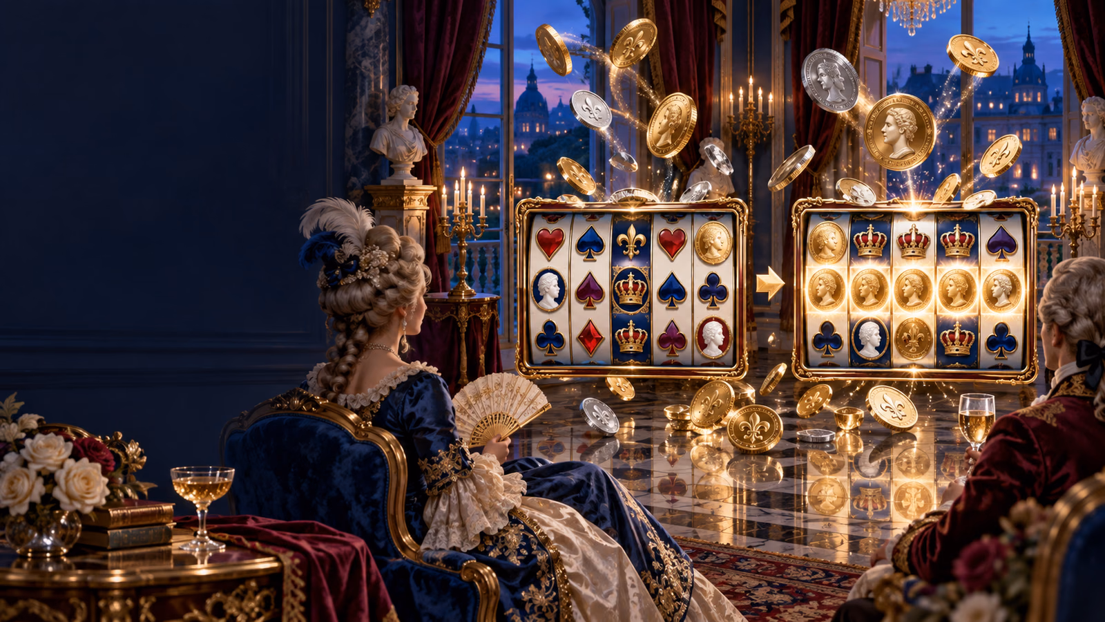Original royal casino salon with gold and silver coin cascades and mirrored reel evaluations