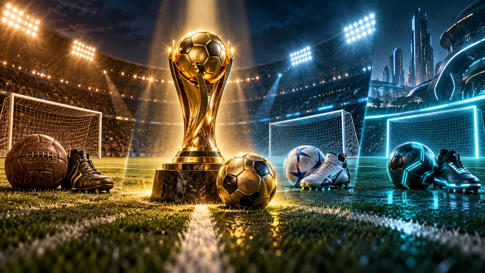 Original artwork of a football stadium split into classic, modern and futuristic eras around a golden trophy