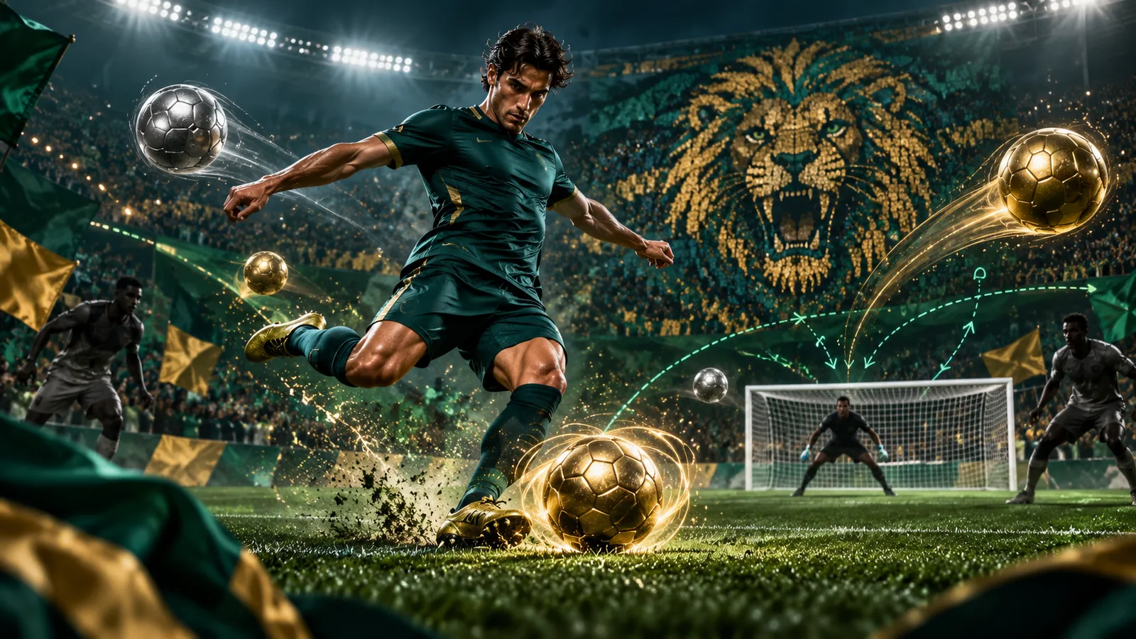 Original editorial artwork of a footballer striking a glowing ball in a floodlit stadium