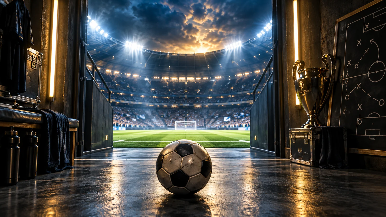 Original editorial artwork of a football in a stadium tunnel beside a trophy and tactics board