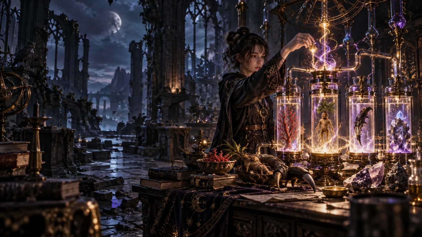 Original editorial artwork of an alchemist transforming rare ingredients in a ruined moonlit laboratory