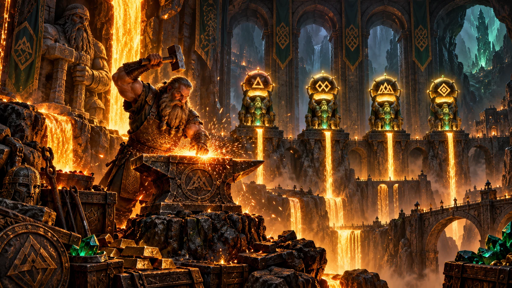Original editorial artwork of a mythical blacksmith beside four glowing multiplier forges in a cavern