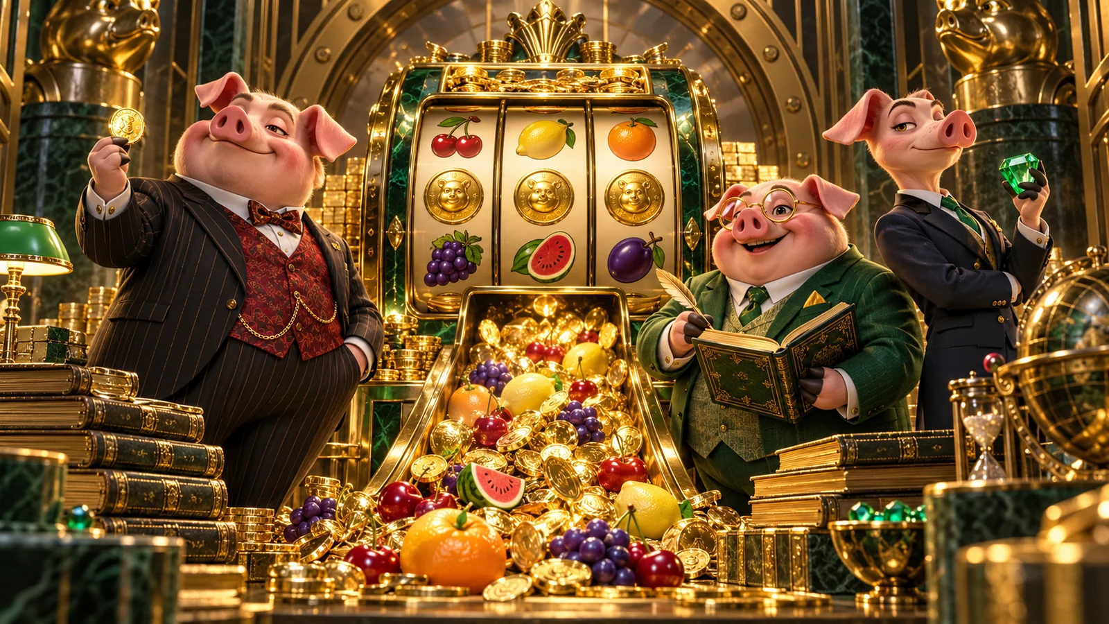 Original artwork of three pig bankers beside a fruit machine and gold-filled vault